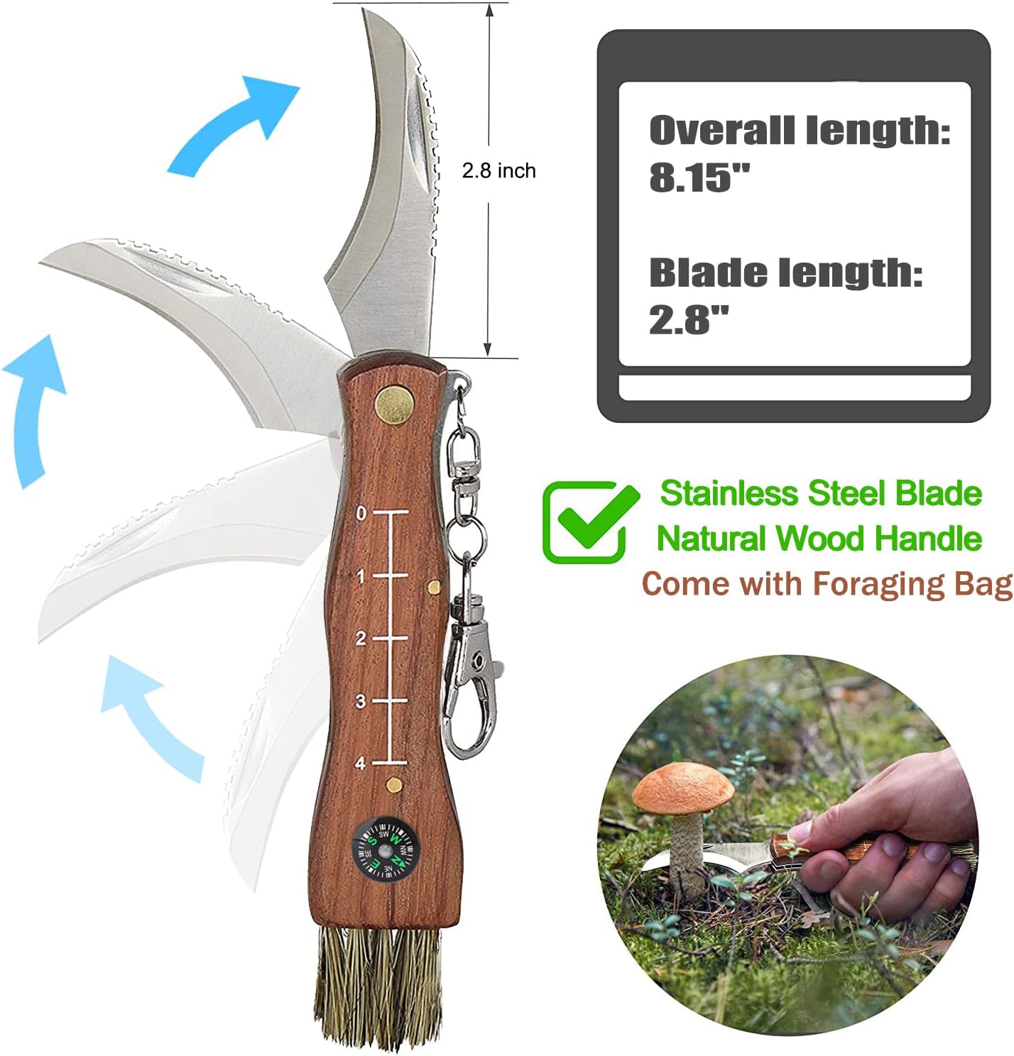 Mushroom Harvesting Knife, No Lock Folding Garden Tool for Foraging & Cleaning, Two-Hand Opening Knife with Wood Handle for Men Women