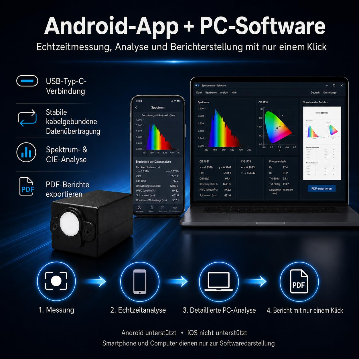 Espectrómetro de Mano para Medición de Luz, 340-1000nm Espectro Portátil-Medidor de Iluminación, Análisis en Tiempo Real de CCT-CRI-PAR-PPFD, Probador de Luz LED para Plantas con APP y Software para P