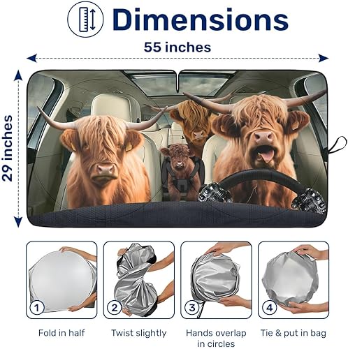 Miniatura 2 de Highland Cow Family - Parasol divertido para parabrisas de automóvil, SUV, camión (55 x 29 pulgadas), parasol de automóvil, bloquea los rayos UV,