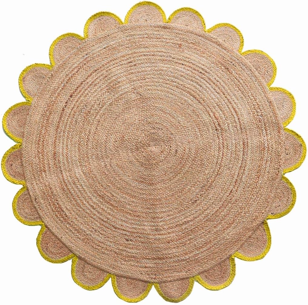 Natural Jute Wave Scalloped Rug 9x9 Farmhouse Scalloped Jute Area Rug Thick 0.27" Solid Yellow & Beige Border Rugs Indoor Outdoor Decorative Floor Living Room Carpet