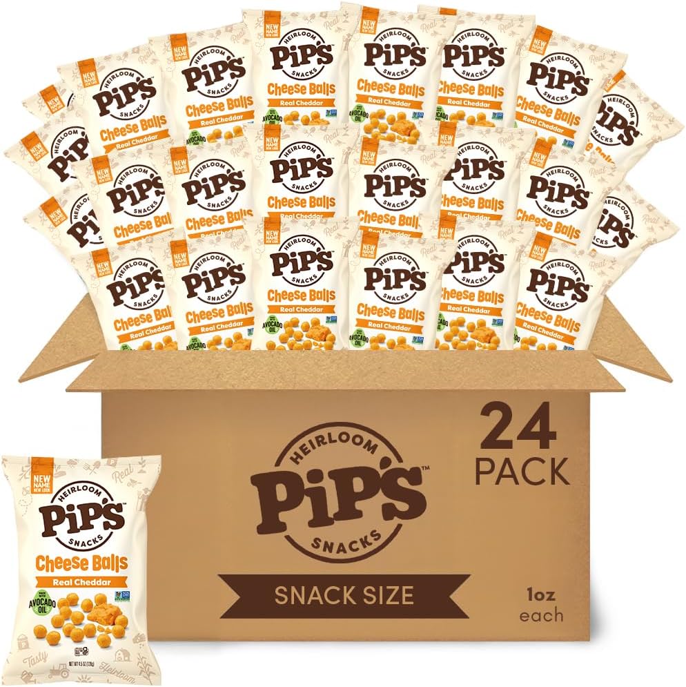 Pip’s Heirloom Baked Cheddar Cheese Balls – 1 oz Bags (24 pk) – Individually Wrapped Snack Packs Made With Real Cheddar, Heirloom Corn & Avocado Oil – Baked Not Fried, Seed Oil Free, Gluten Free, Non-GMO