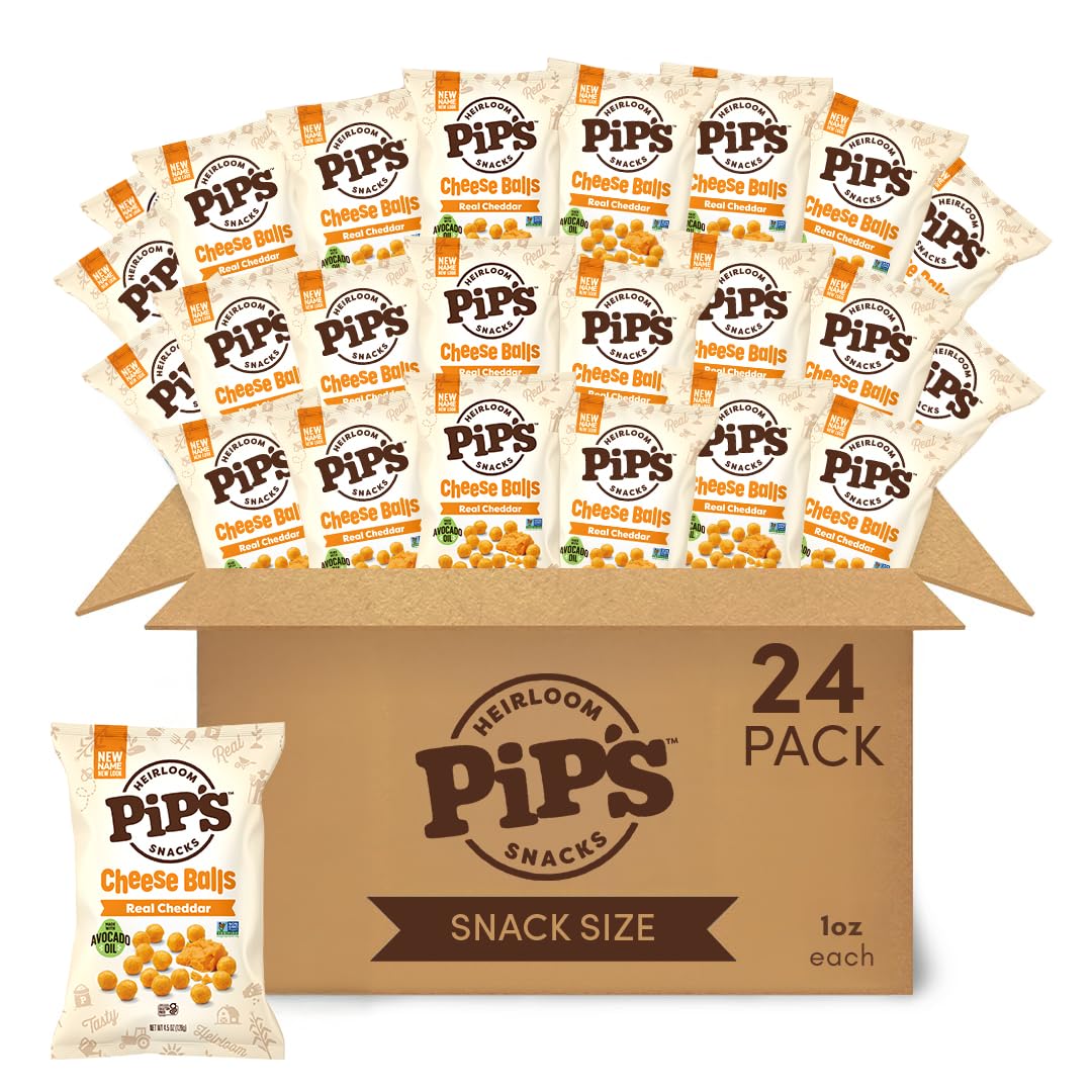 Heirloom Cheddar Cheese Balls by Pipcorn - Cheddar 1oz 24pk - Healthy Snacks, Gluten Free Snacks, Snack Packs, Heirloom Corn, Baked not Fried, Individually Wrapped