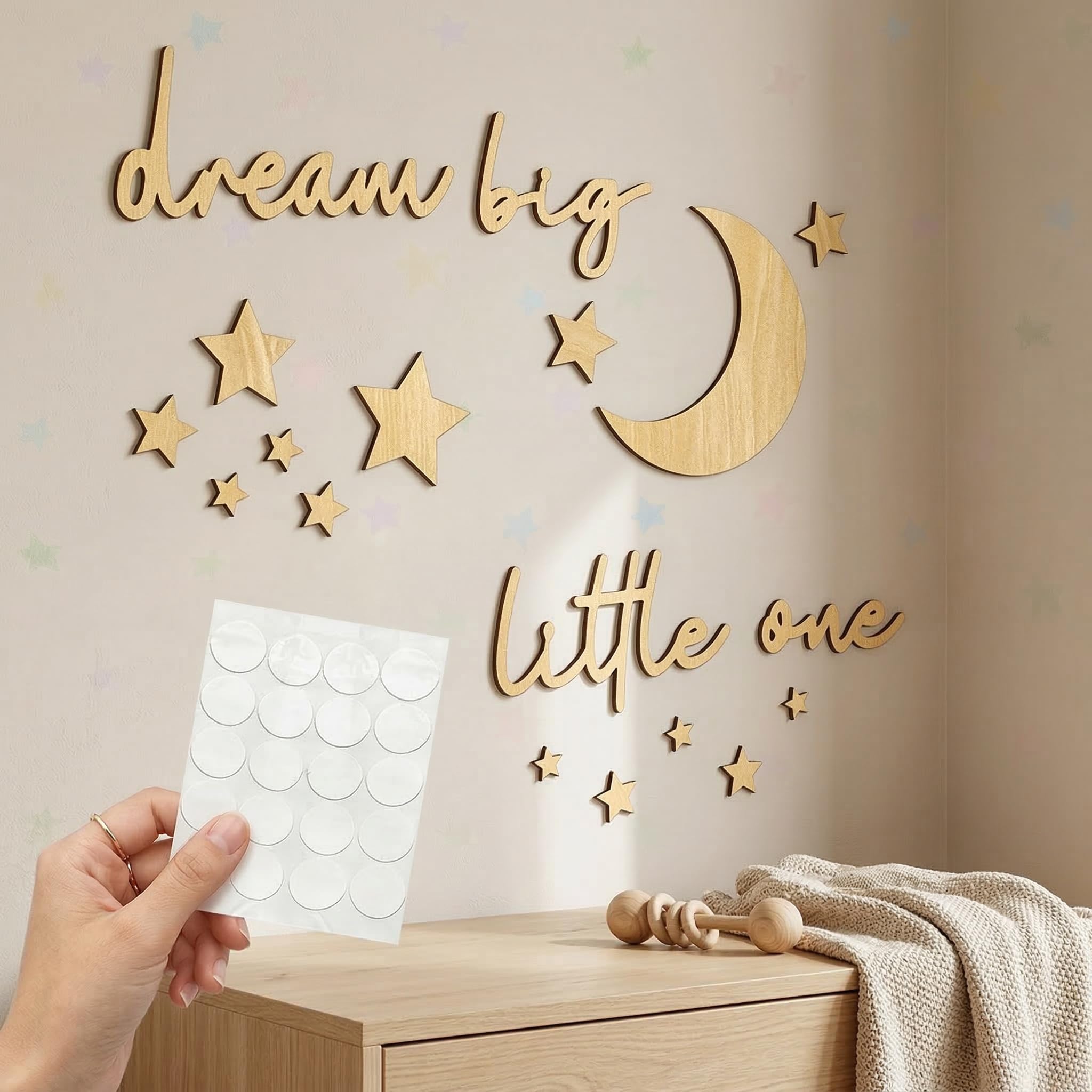 Decorazione da Parete in Legno Dream Big Little One 15 Pezzi Lettere in Legno con Luna e Stelle Stile Boho per Camera da Letto Bambini Soggiorno Casa
