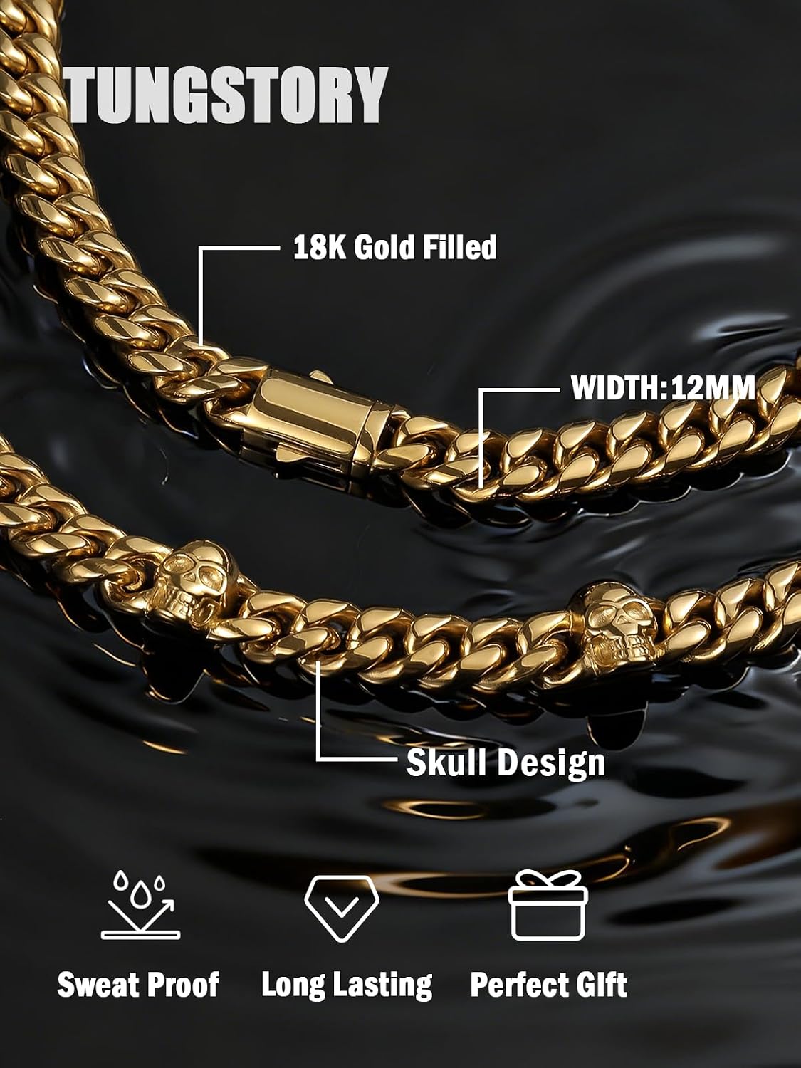 TUNGSTORY Men's Cuban Link Chain - 18K Gold Filled 12mm Stainless Steel Skull Necklace, Secure Box Clasp, Hypoallergenic, Water Resistant, Non Tarnish, All-Day Comfort Wear Hip Hop Gift (22IN)