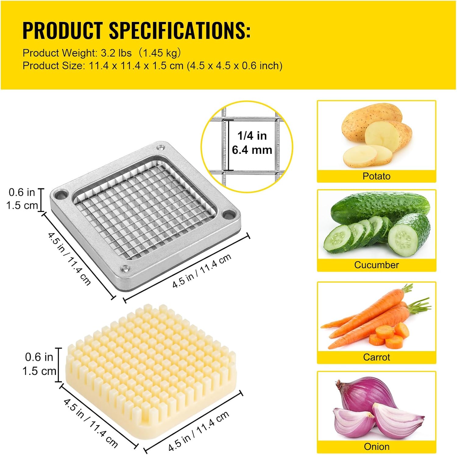 Happybuy 1/4-inch Replacement Chopper Blade, 3-Piece French Fry Cutter, Stainless Steel Dicer Parts, Extra Knives & Push Block for Cutting Potatoes, Carrots, Onions, Cucumbers, Mushrooms