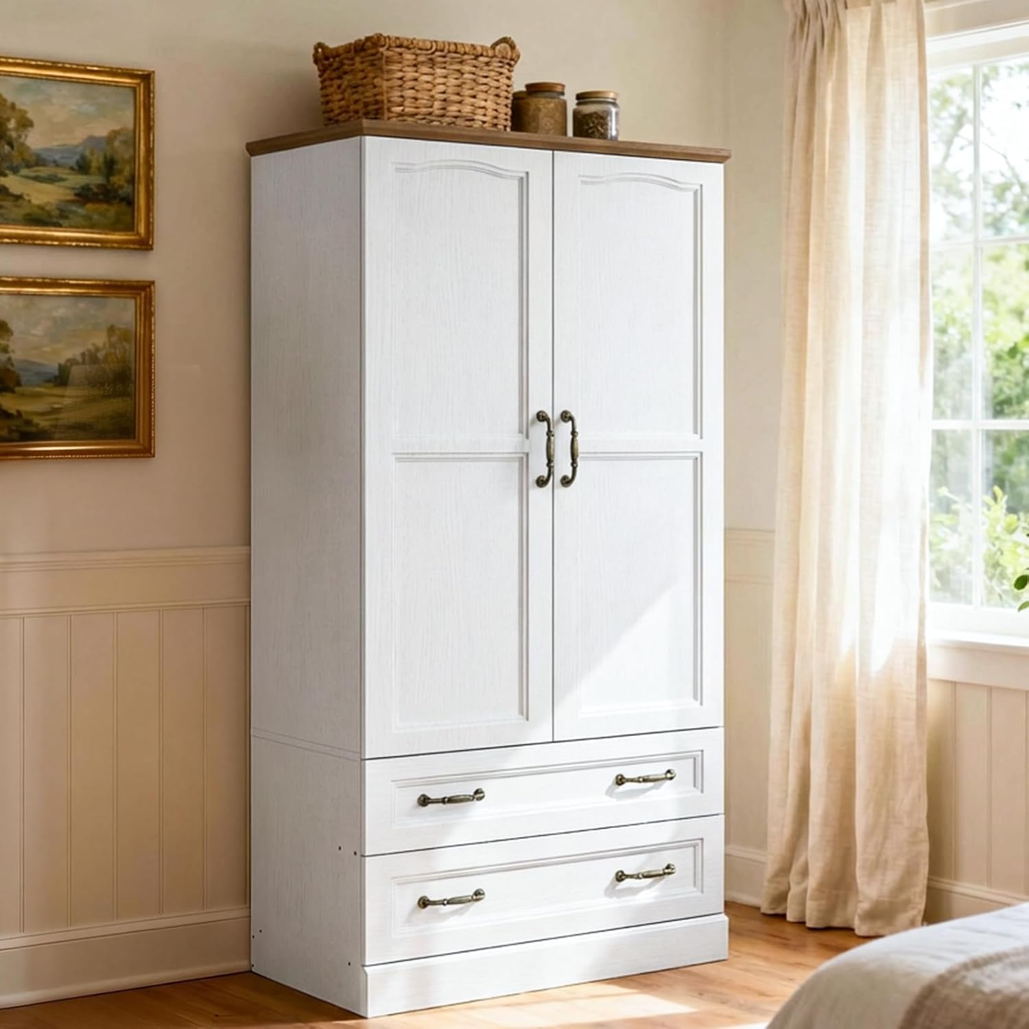 HOOBRO 70.9" Farmhouse Armoire Wardrobe Closet with Hanging Rod, 2 Doors & 2 Drawers, White Walnut Bedroom Storage