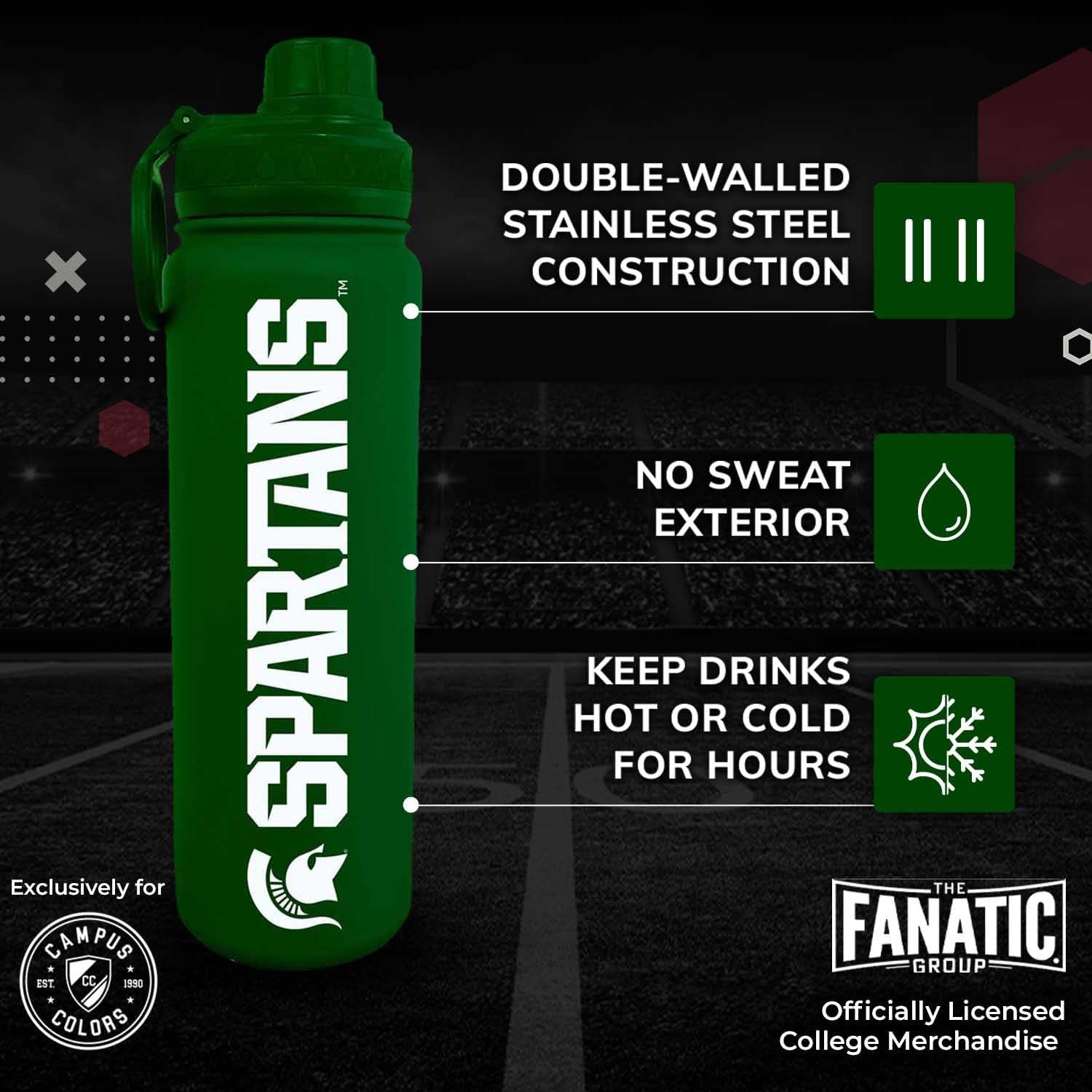 Campus Colors NCAA Stainless Steel Water Bottle - Twist on cap - 24 oz - Carry Clip - Keeps Your Drinks Hot or Cold for Hours (Michigan State Spartans - Green) - Image 2