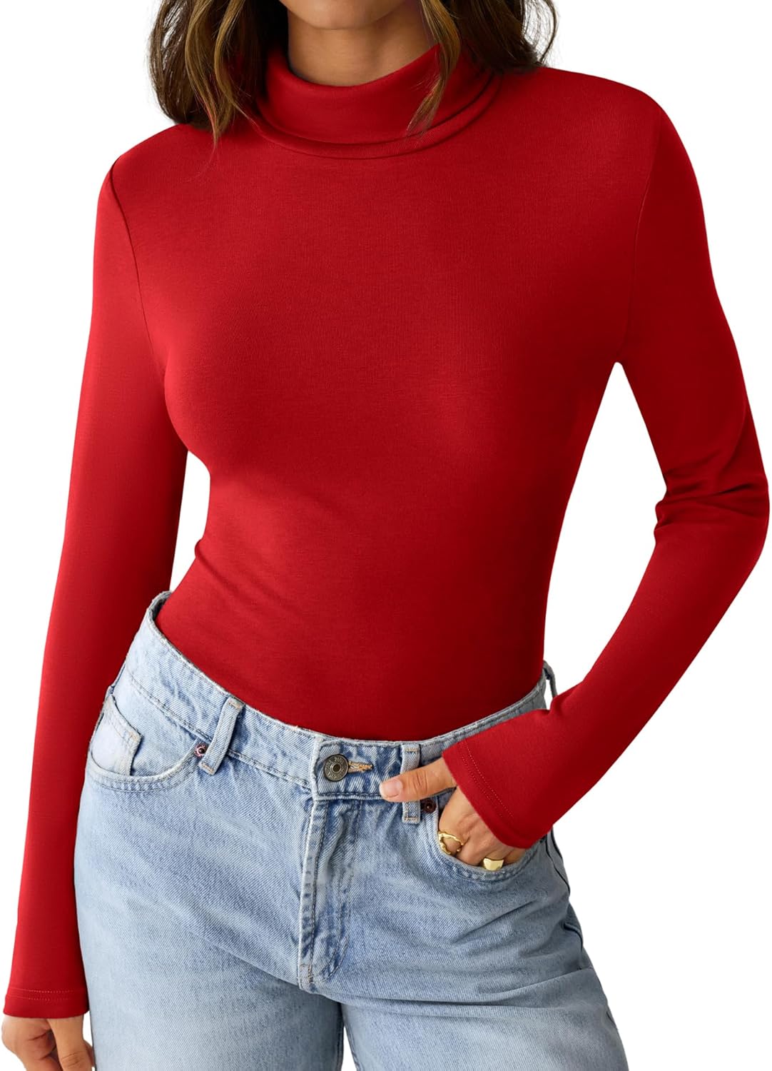 Womens Long Sleeve Shirts Mock Turtleneck Turtle Neck Fall Fashion Basic Thermal Underwear Layer Tops Tight Slim Fit Cute Ribbed T-Shirts Winter Trendy Clothes 2025 Red XL - Image 5
