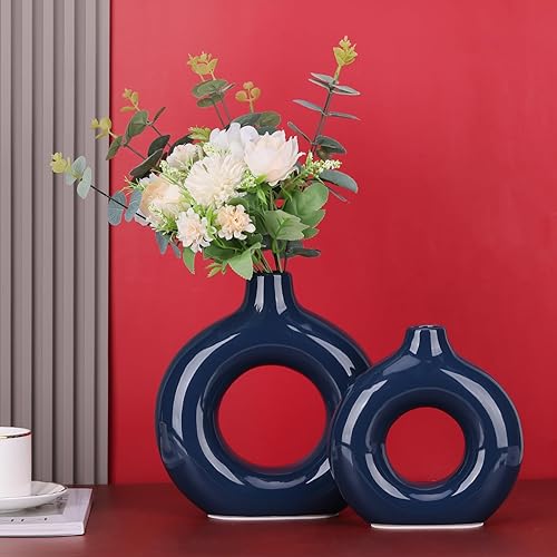 Miniatura 7 de LCCCK Jarrones de cerámica para decoración del hogar, jarrón azul marino para hierba de pampas, jarrón de dona, centro de mesa de comedor moderno