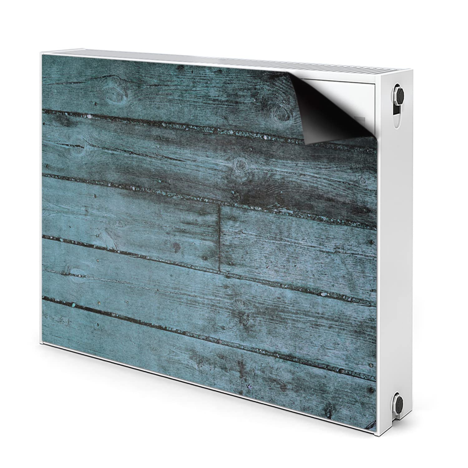 Cache radiateur bleu aimanté motif planches de bois avec fixation magnétique 80x60