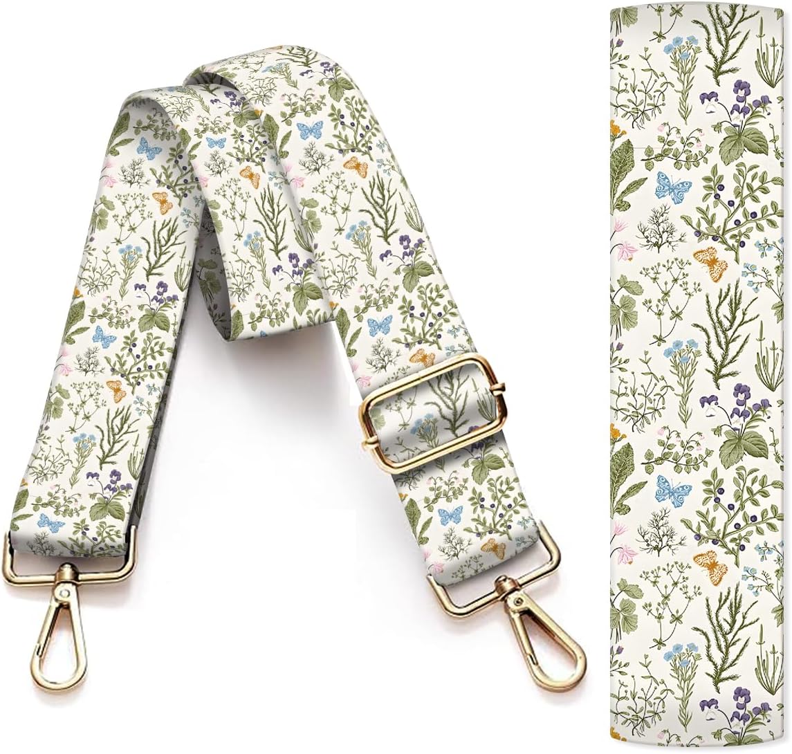 Purse Strap Replacement Crossbody, 3.8cm Wide Shoulder Strap Adjustable Replacement Belt Gold Buckle, Handbag Crossbody Bag Strap Cute Leaf Butterfly