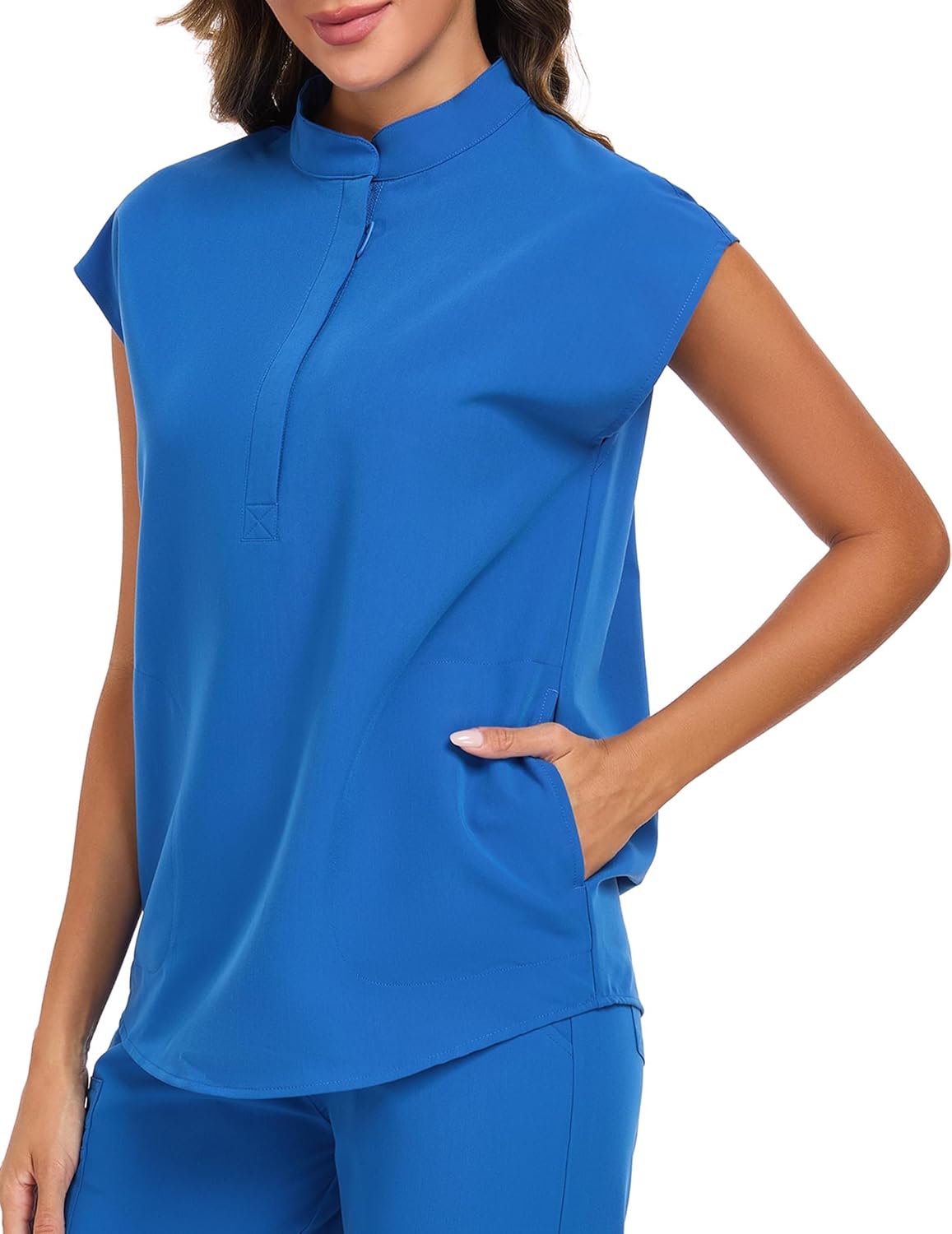Women's Scrub Top 4 Way Stretch Shirts Zipper Up Work Blouse Short Sleeves Top with Two Pockets - Image 4