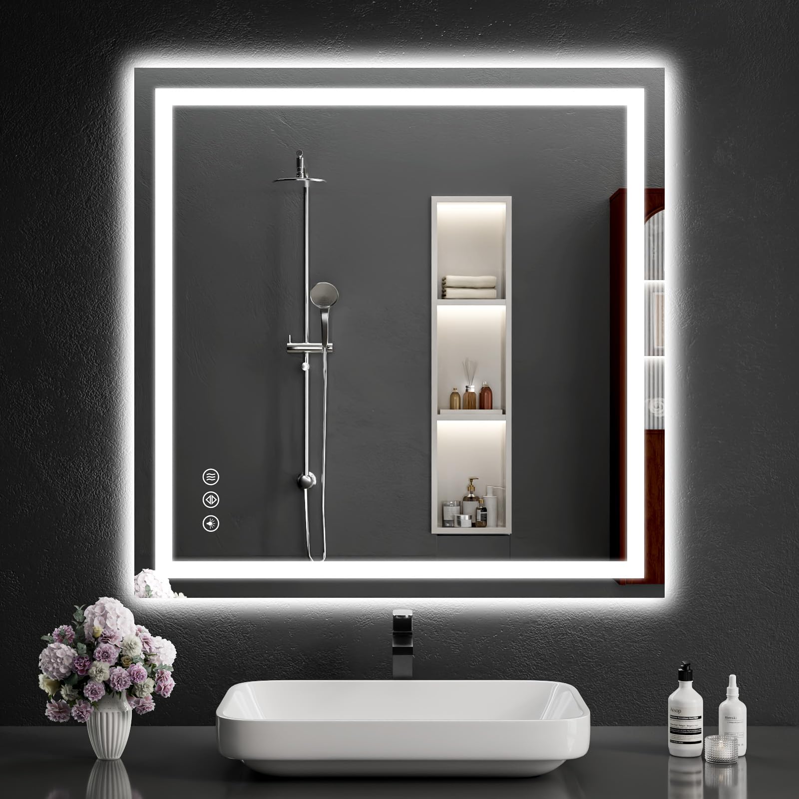 WISSMIELS 91.4cm x 91.4cm(36인치 x 36인치) LED 욕실 거울, 조도 조절 가능, 김 서림 방지, 벽용 조명 욕실 화장대 거울, 백라이트 + 전면 조명, 메모리 기능, 비산 방지, 강화 유리