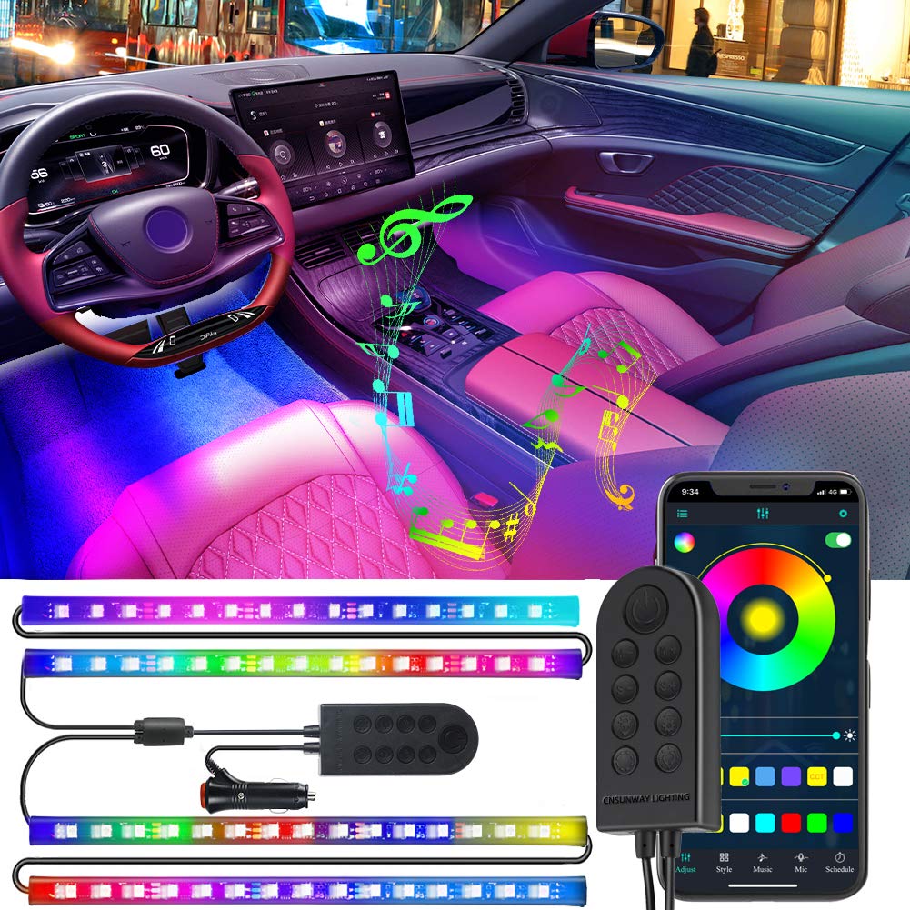 Bluetooth Interior Car Lights, 4pcs 60 LED Multicolor Music Car Strip Light Decorative Atmosphere Glow Neon Lighting Kit with Wired Button Control DC 12V