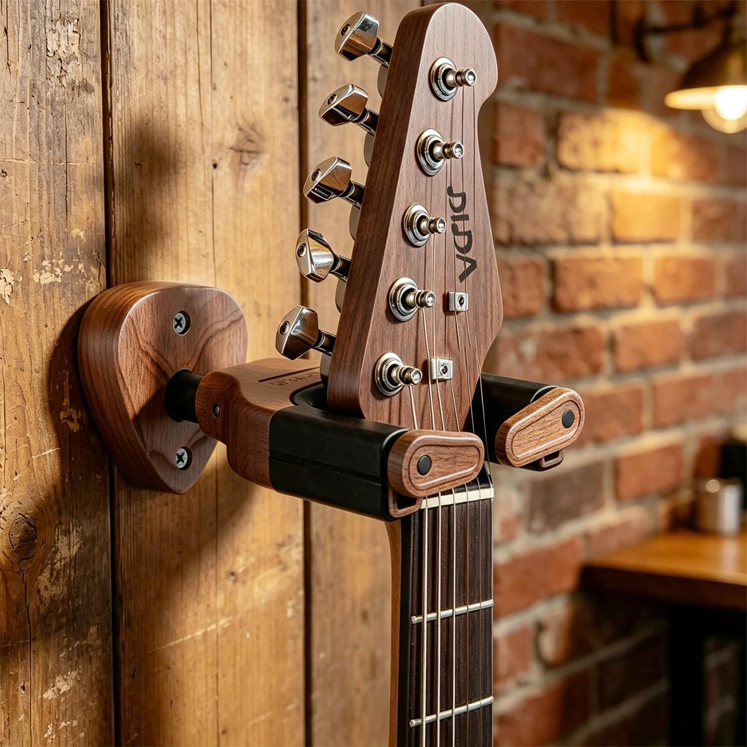 DIDA Guitar Wall Mount, Auto Lock Wood Guitar Hanger, Adjustable Hook Holder for Acoustic and Electric Guitar, Ukulele, Bass, Banjo, Guitar Wall Hanger with 5 Picks (Black Walnut)