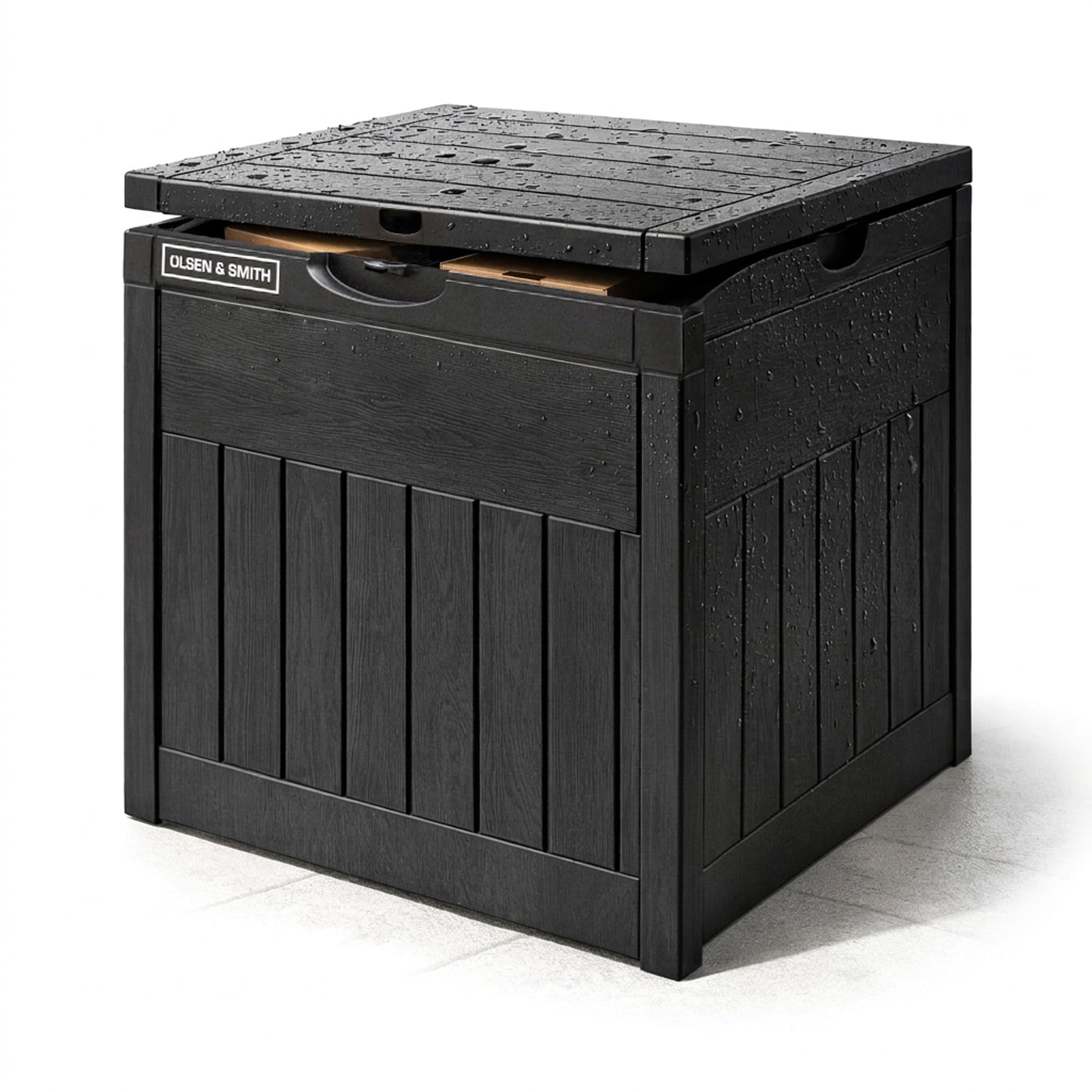 Olsen & Smith 170L Lockable Outdoor Garden Plastic Storage Box Container Chest - Small Lawn Balcony Furniture, Weather Resistant, Wood Panel Effect (Black) — view 9