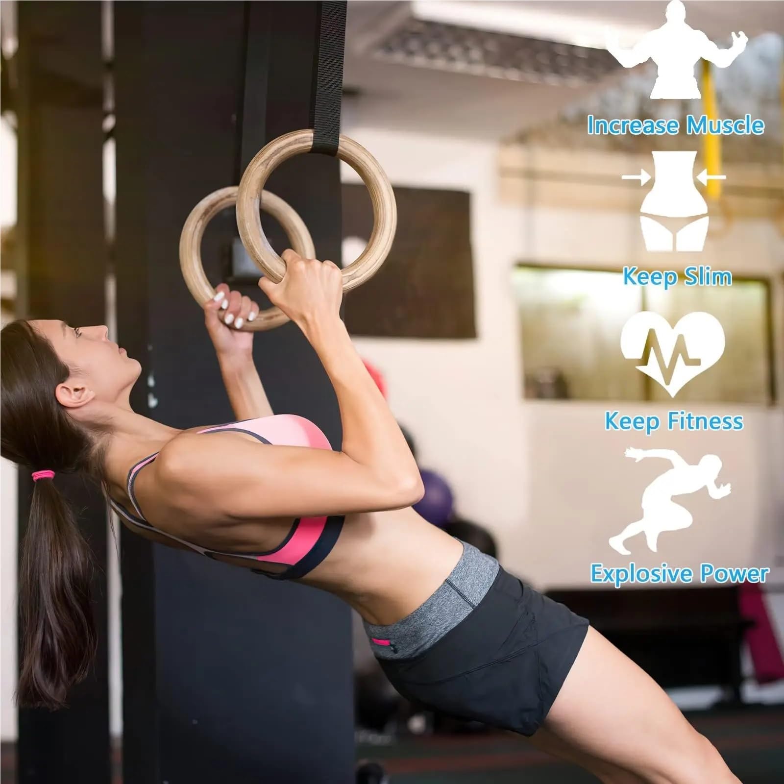 Anelli da Ginnastica in Legno con Fibbie Regolabili, Cinghie for trazioni, Allenamento Muscolare in Palestra a casa