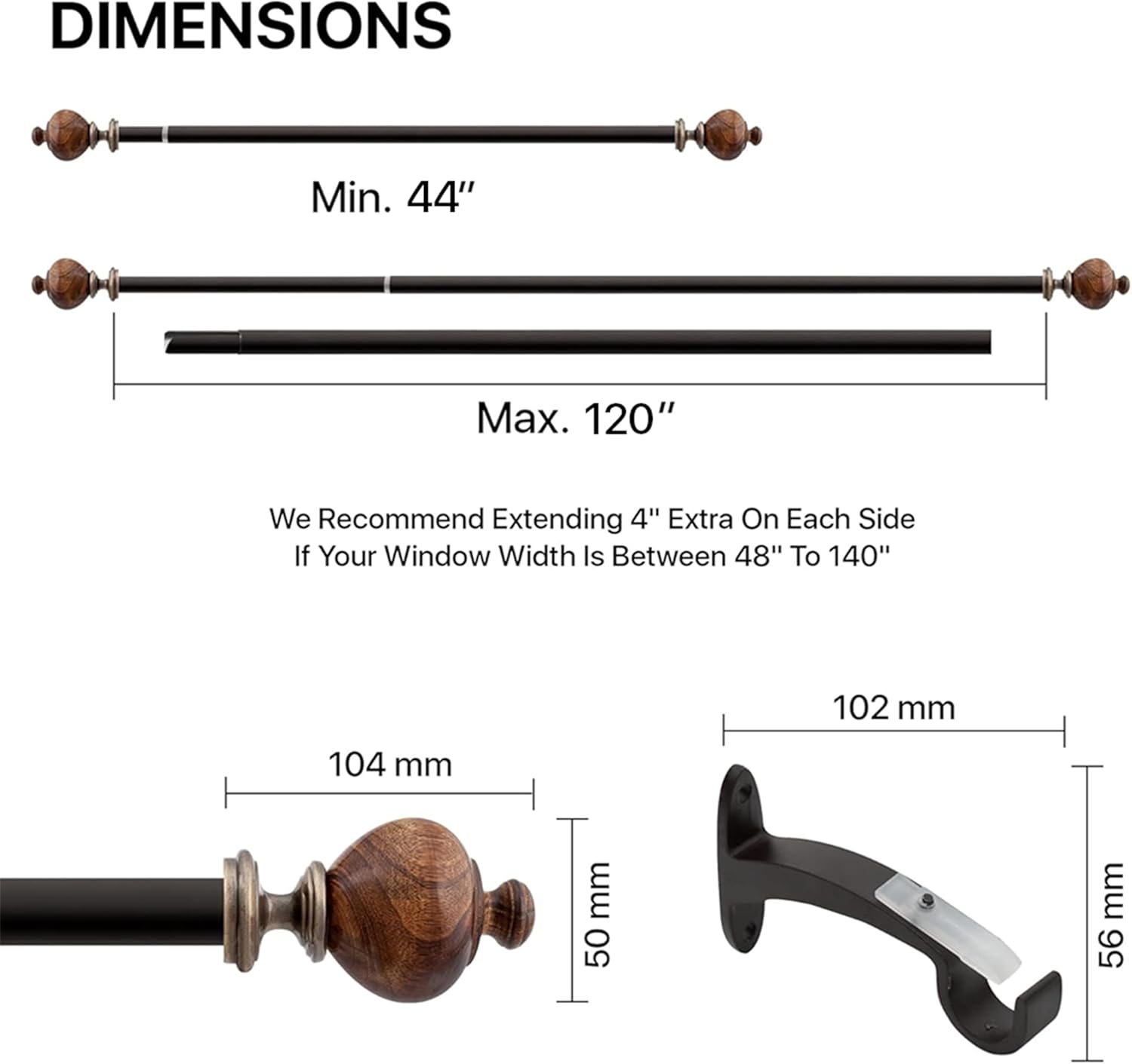 DECO WINDOW Curtain Rods for Windows 44-120 Inch, 1 Inch Heavy Duty Extendable Metal Drapery Rod, Adjustable Curtain Rod with Decorative Wood Trophy Finials for Living Room Bedroom, Brown Matt