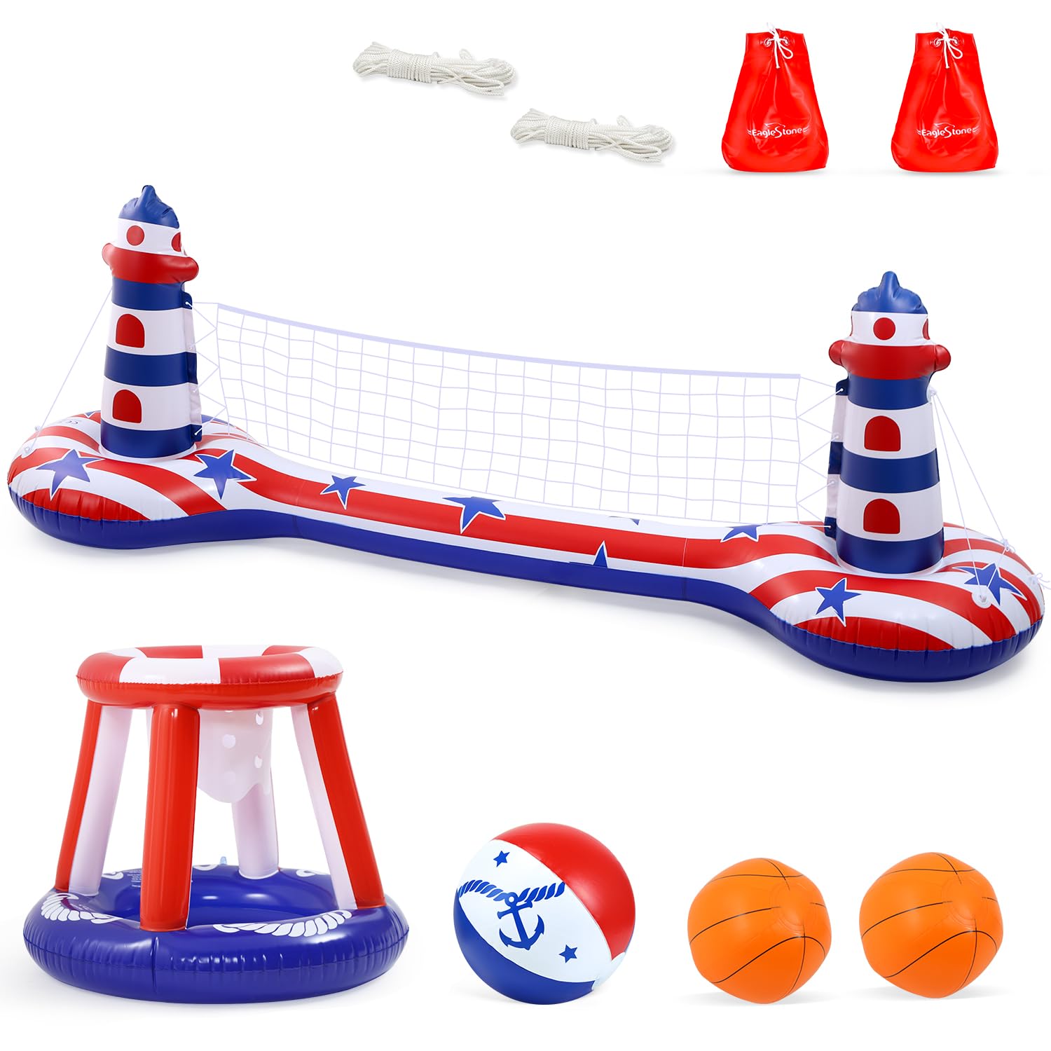 EagleStone Set di rete da pallavolo per piscina con canestro da basket, set di galleggianti gonfiabili per piscina con bandiera americana, rete da pallavolo e canestro da basket