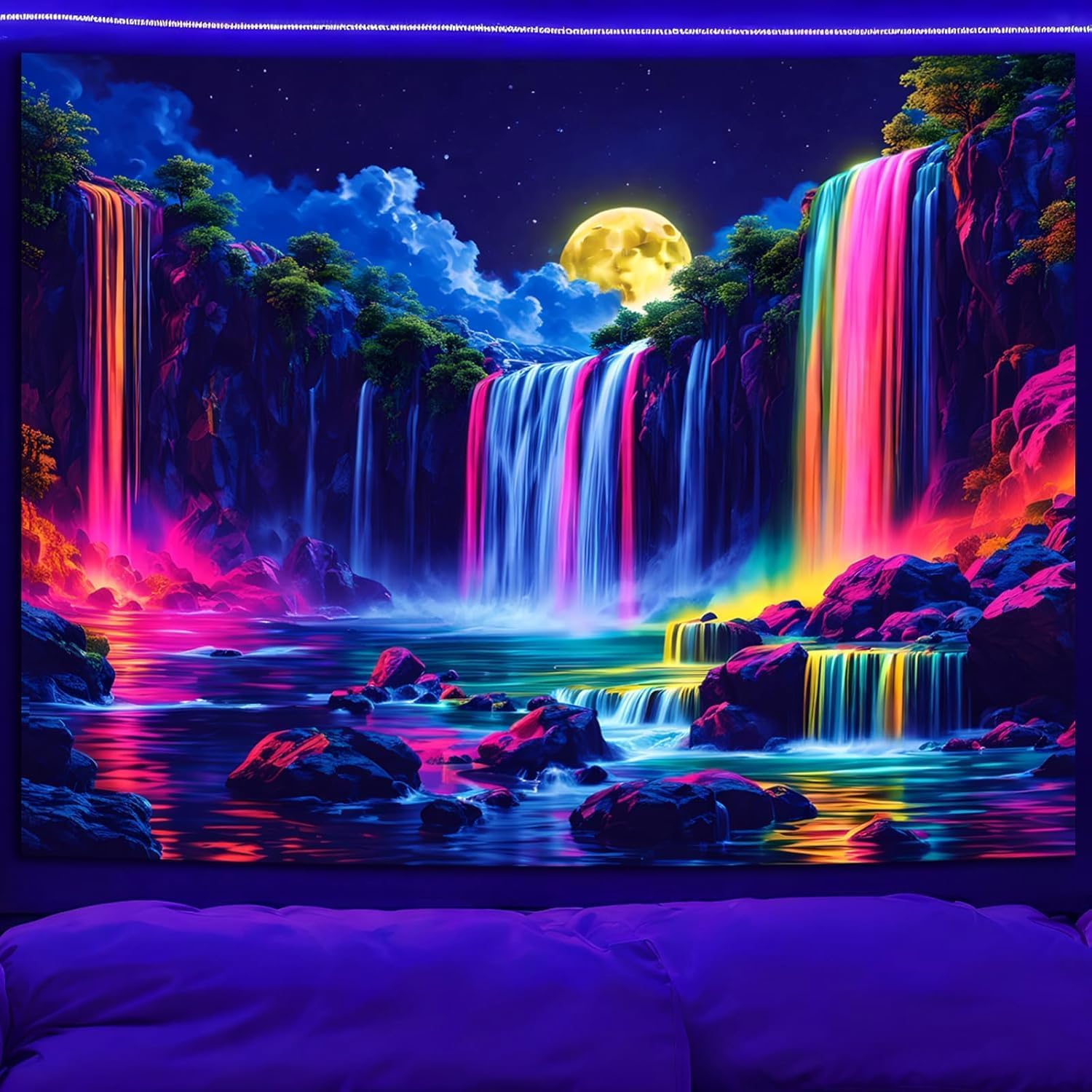 SparkLia Blacklight Fantasy Waterfall Moon, UV Reactive Nature Tapestry Neon Landscape Mountain Rainbow Wave Tapestry Wall Hanging Tapestries for Bedroom, Living Room - 70" x 90"
