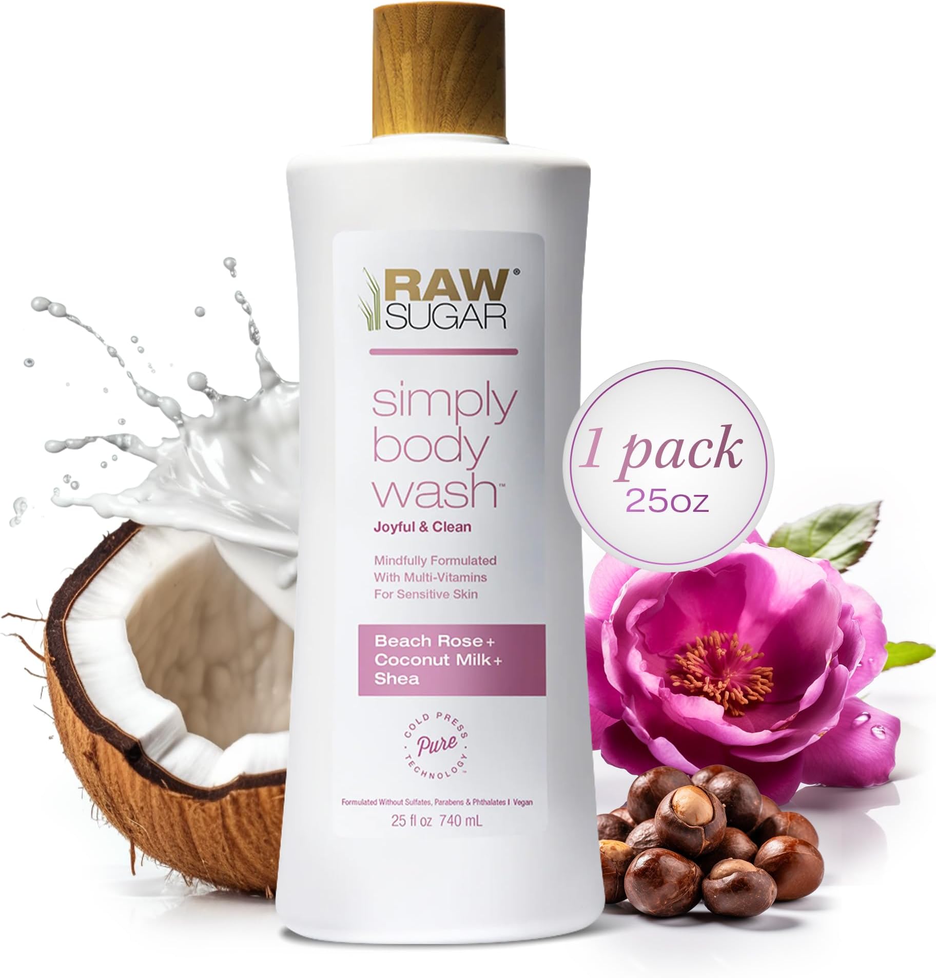 RAW SUGAR Simply Body Wash, Beach Rose + Coconut Milk + Shea (25 Fl Oz, Pack of 1) Sensitive Skin Bath Soap, Formulated without Sulfates & Parabens