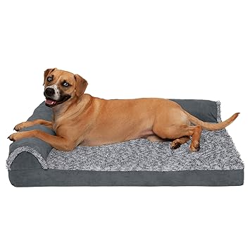 Furhaven Pet 84441087 Stone Gray Deluxe Chaise Lounge Cooling Gel Top Sofa Pet Bed, Large