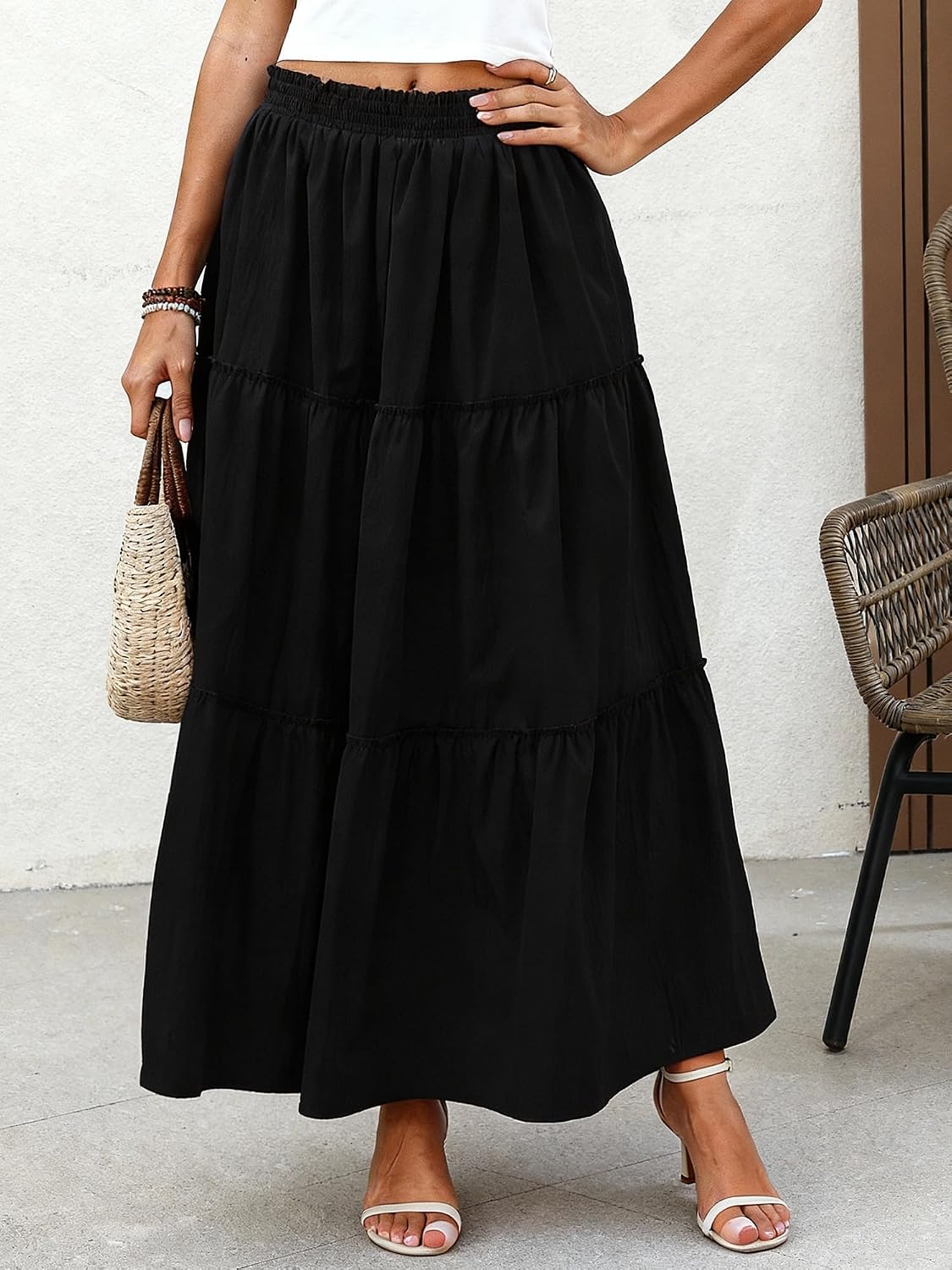 Long Skirts for Women Maxi Summer Swing Tiered A-Line Elastic High Waist Boho Flowy Skirts with Pockets