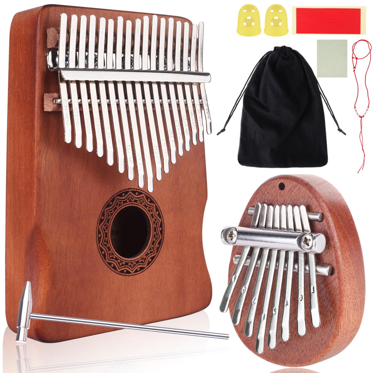 Kalimba Daumenklavier & Fingerinstrument Bundle, 17 Tasten & 8 Tasten Klavier mit Lernanleitung für Anfänger, tragbares Daumenklavier Geschenk für Kinder und Erwachsene, inklusive Stimmhammer