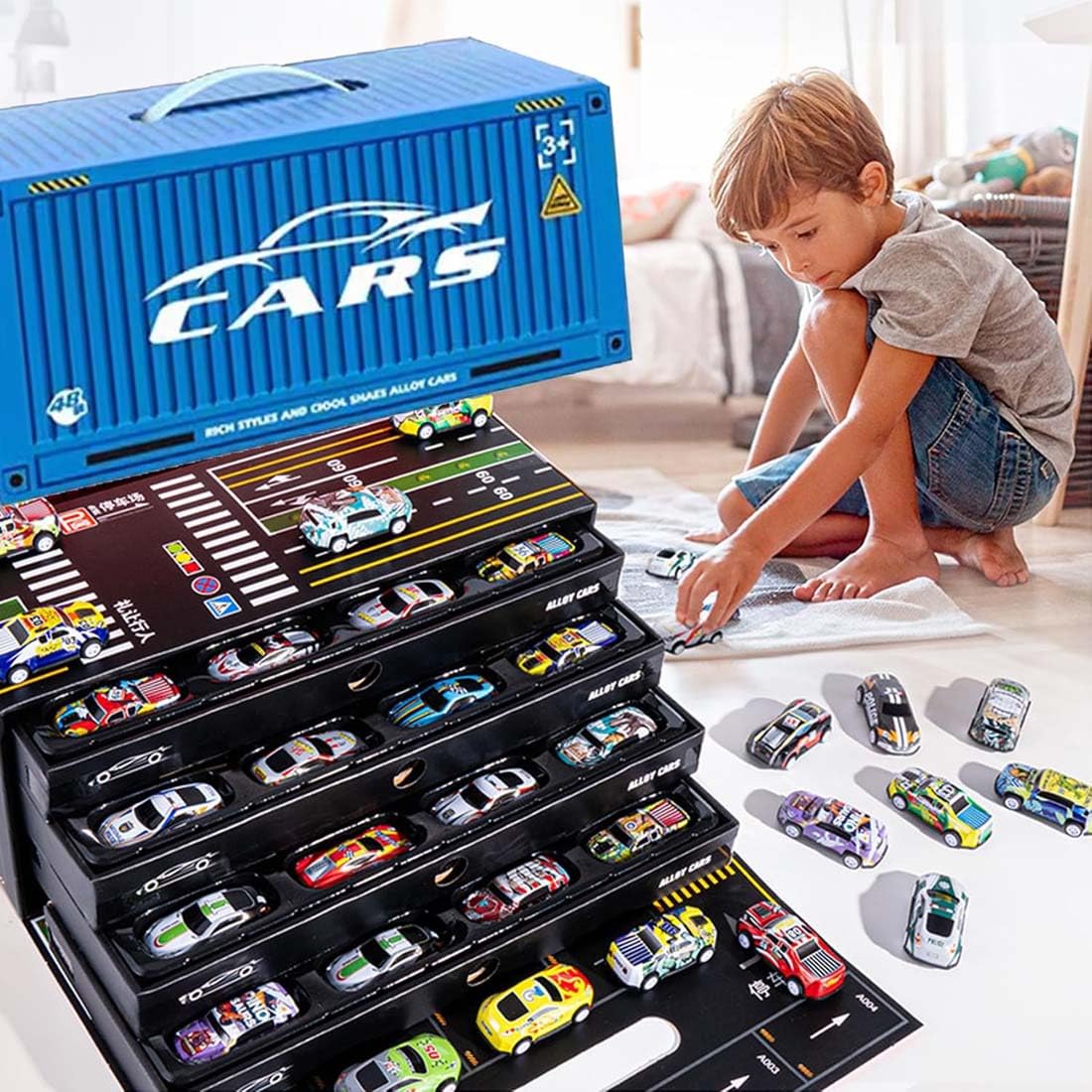 48 Alloy Racing Car Pull Back Set - Metal Diecast Mini Vehicles, Friction Powered Toys With Die Cast Container Storage Box, Party Favors for Kids (Blue)