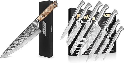 SCOLE Paquete de cuchillos de chef cuchillo de chef afilado de 8 pulgadas VG-10 Super Damasco de acero mango de madera de sombra blanca de alta