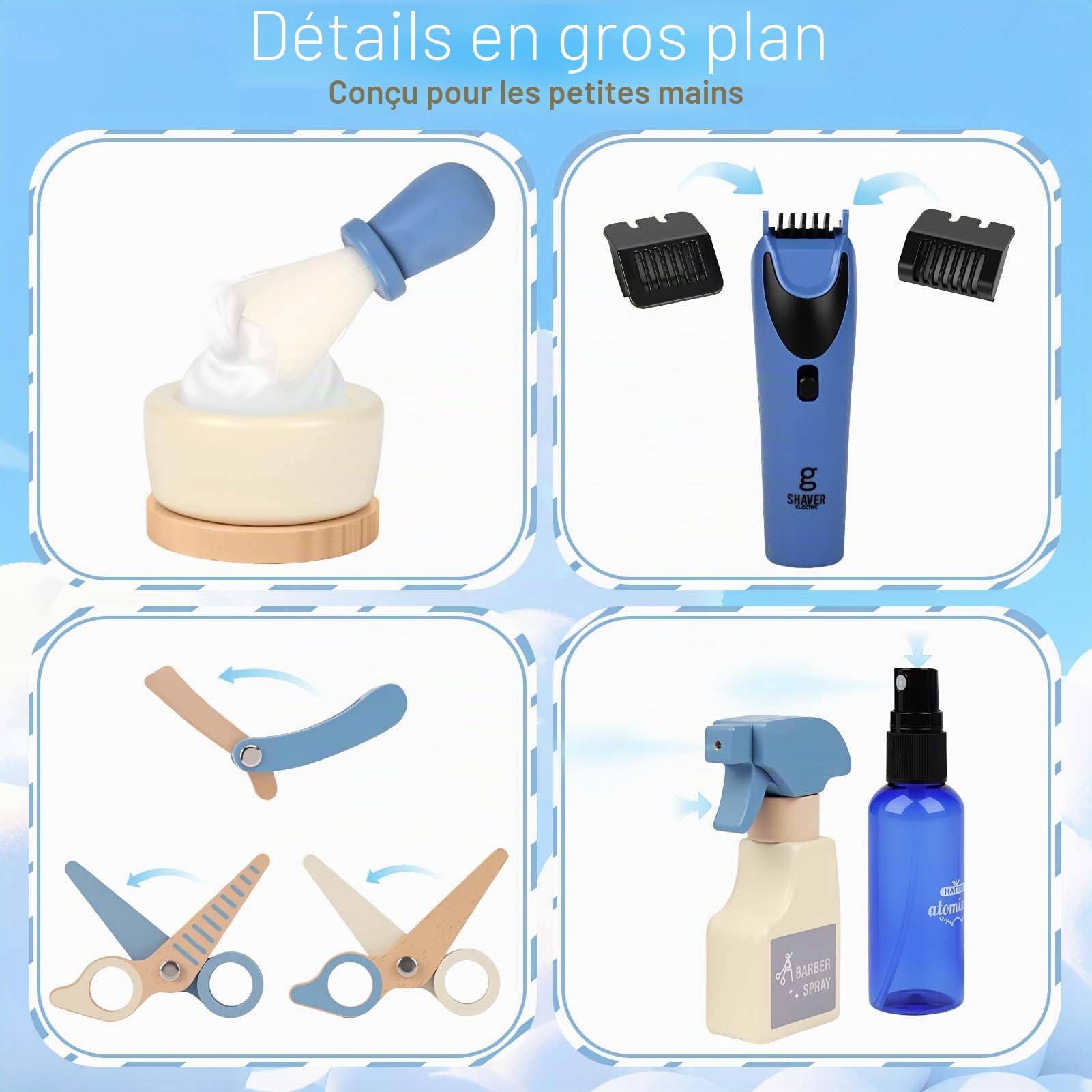 Dreamon Bois Salon de Coiffure pour Enfants, Set Coiffure Enfant Comprenant Sèche-Cheveux Rasoir Fausse Barbe Tablier Et Sac De Rangement pour Enfants De 3 4 5 6 Ans