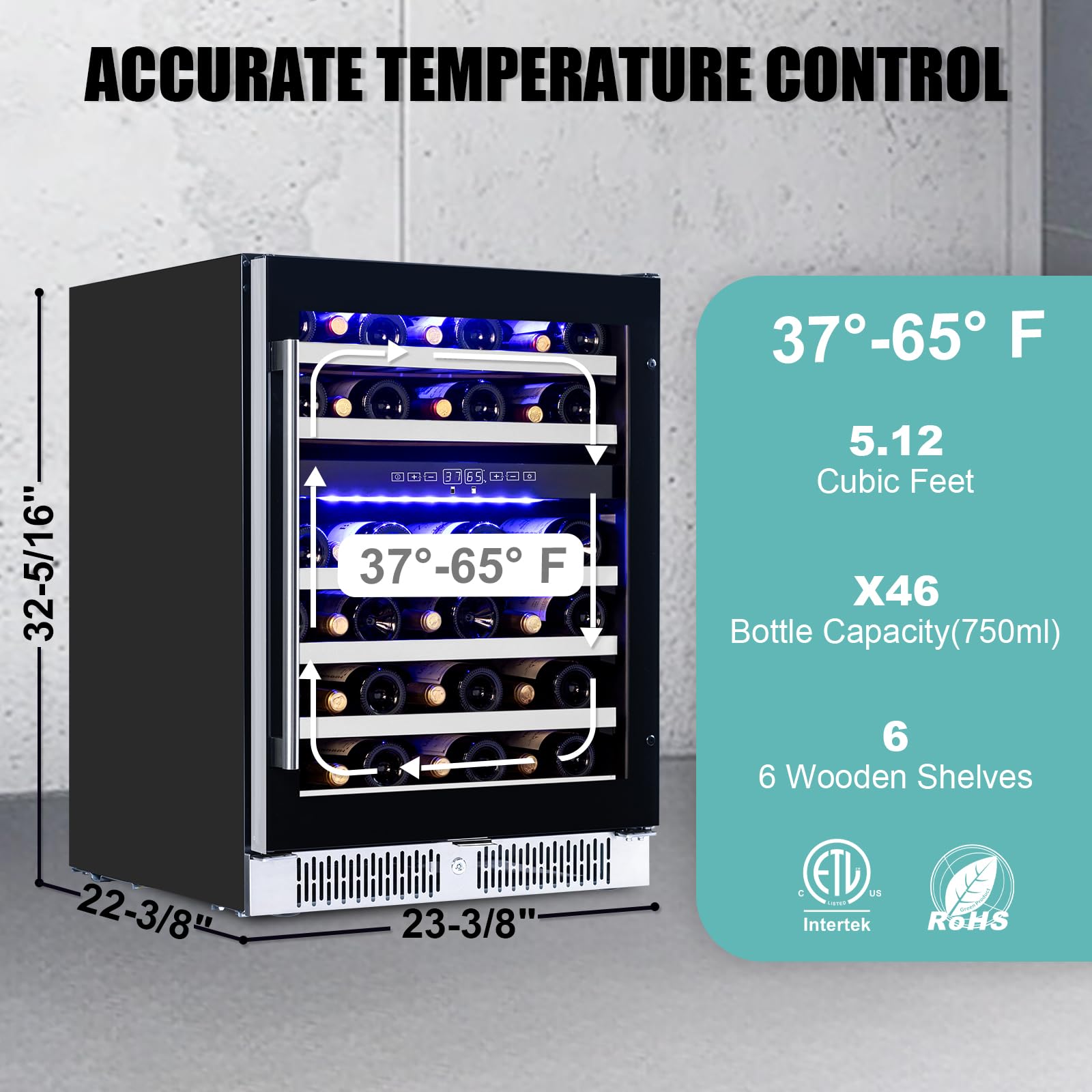 Akicon 24 Inch Wine Fridge, 46 Bottles Wine Cooler with Glass Door and Removable Shelves, 3-Color LED Light, Safety Lock, Freestanding or Built-in for Home/Bar/Office on Fridge.com