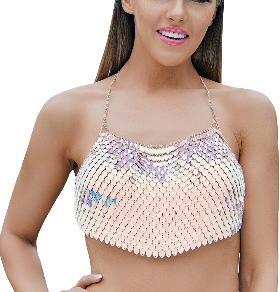 Sexy Lingerie Body Chain Bra - Sexy Lingerie Bikini Bra Halter Backless Sequins Chain Bra for Women (Champagne)