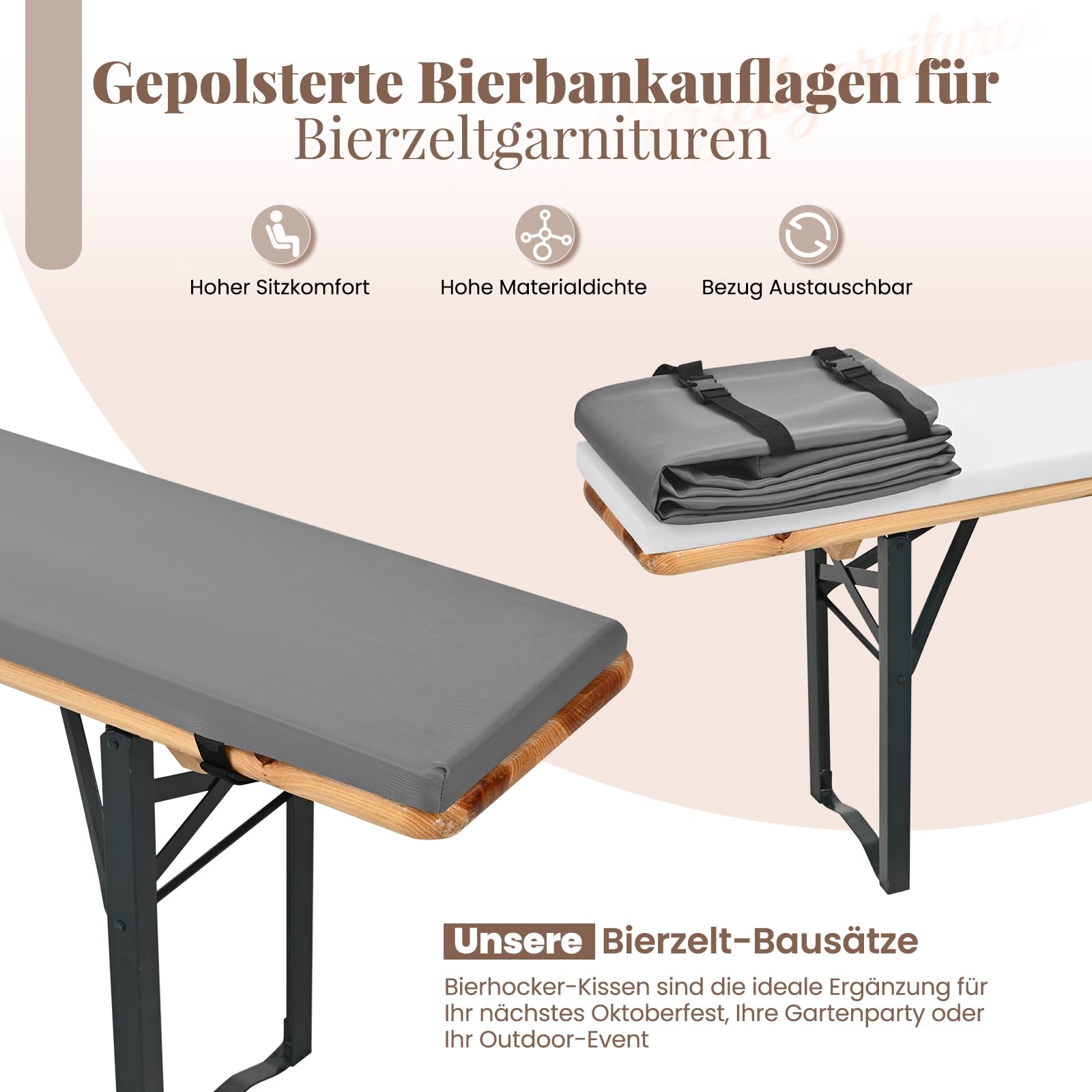 Pesonlook Set di 2 cuscini imbottiti per panca da birra, con cerniera, 220 x 25 x 3 cm, lavabili, per tavolo da birra e tenda da festa (grigio, impermeabile)