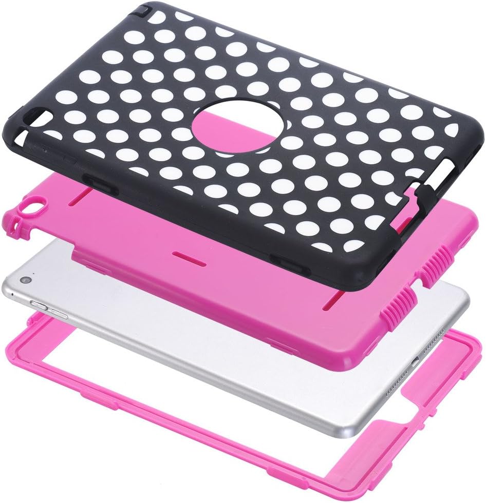 iPad Mini 4 Case A1538/A1550, Hocase Rugged Hybrid Double Layer Shockproof Protective Hard Rubber Case for Apple iPad Mini 4 Retina - Polka Dot/Deep Pink