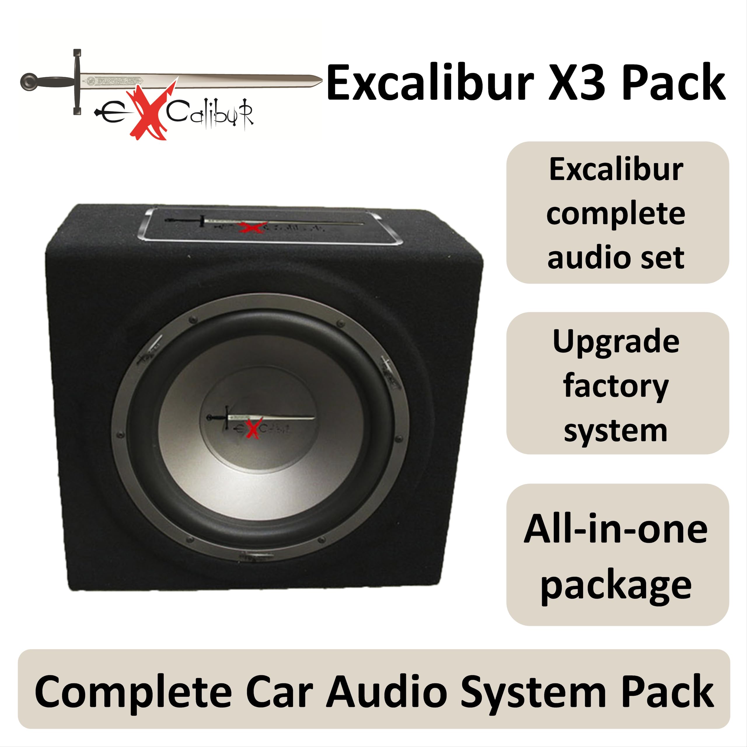 Excalibur X3 Pack Car Audio Complete System with X12C 300mm 12 Inch  Subwoofer 300W RMS and