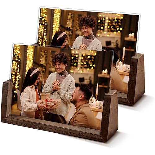 McBlancok 2 Pack Small Picture Frame With Unique Walnut Wood Base & Clear Acrylic Glass Cover,Horizontal Display Photo/Menu/Sign/Card/Label for Home Tabletop or Office Desk(7x5)