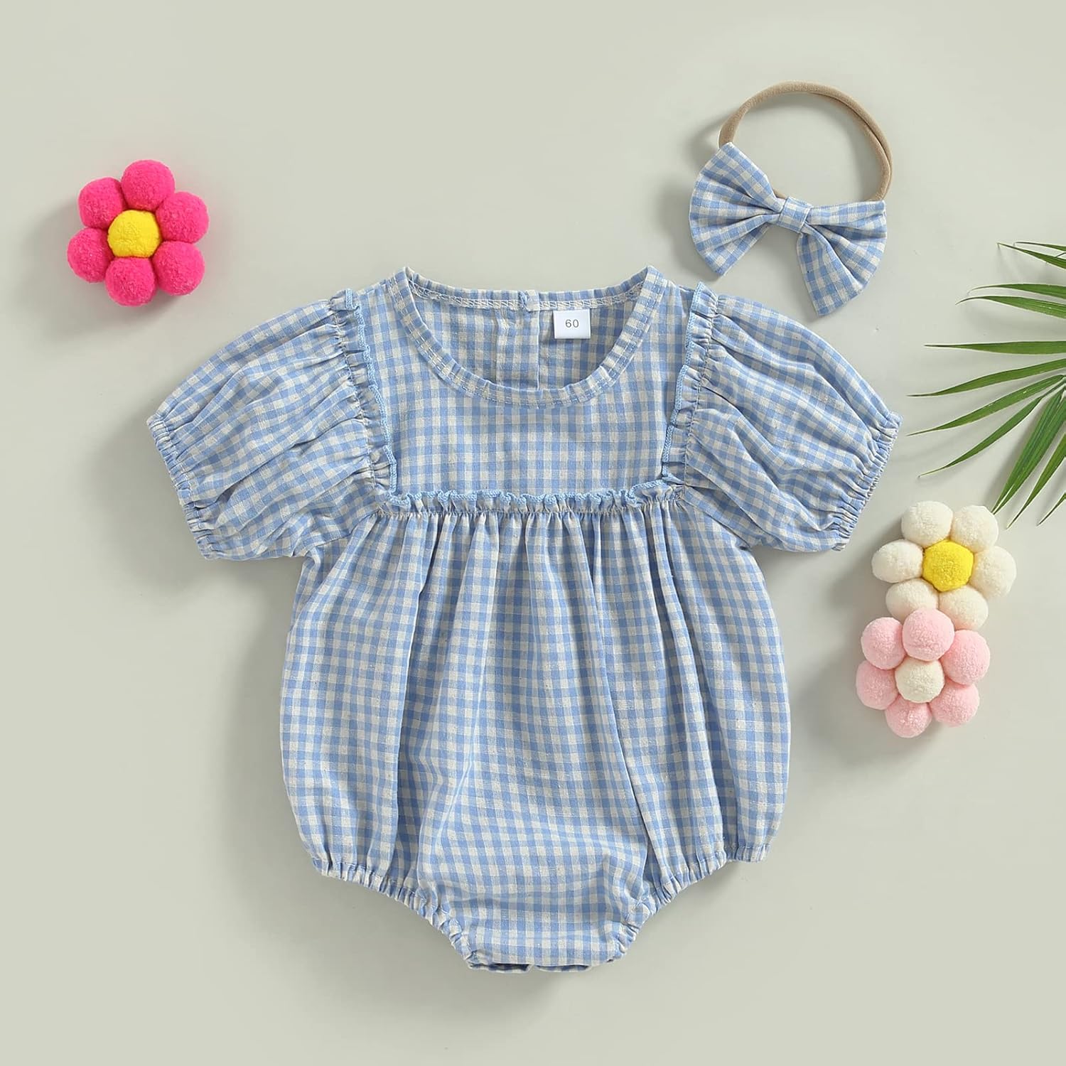 Infant Baby Girl Summer Outfit Plaid Romper Boho Short Sleeve Ruffle Bodysuit with Headband Clothes - Image 2