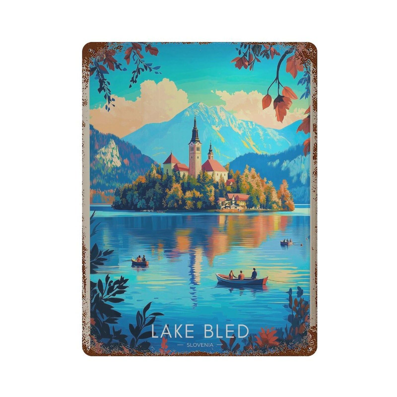 xiaoxiaoshen Lake Bled Slovenia Travel Illustrated Wall Decor Art Metal Tin Poster Modern Home Decor Art Home Bar Shop Decorations Vintage Sign 40x30cm