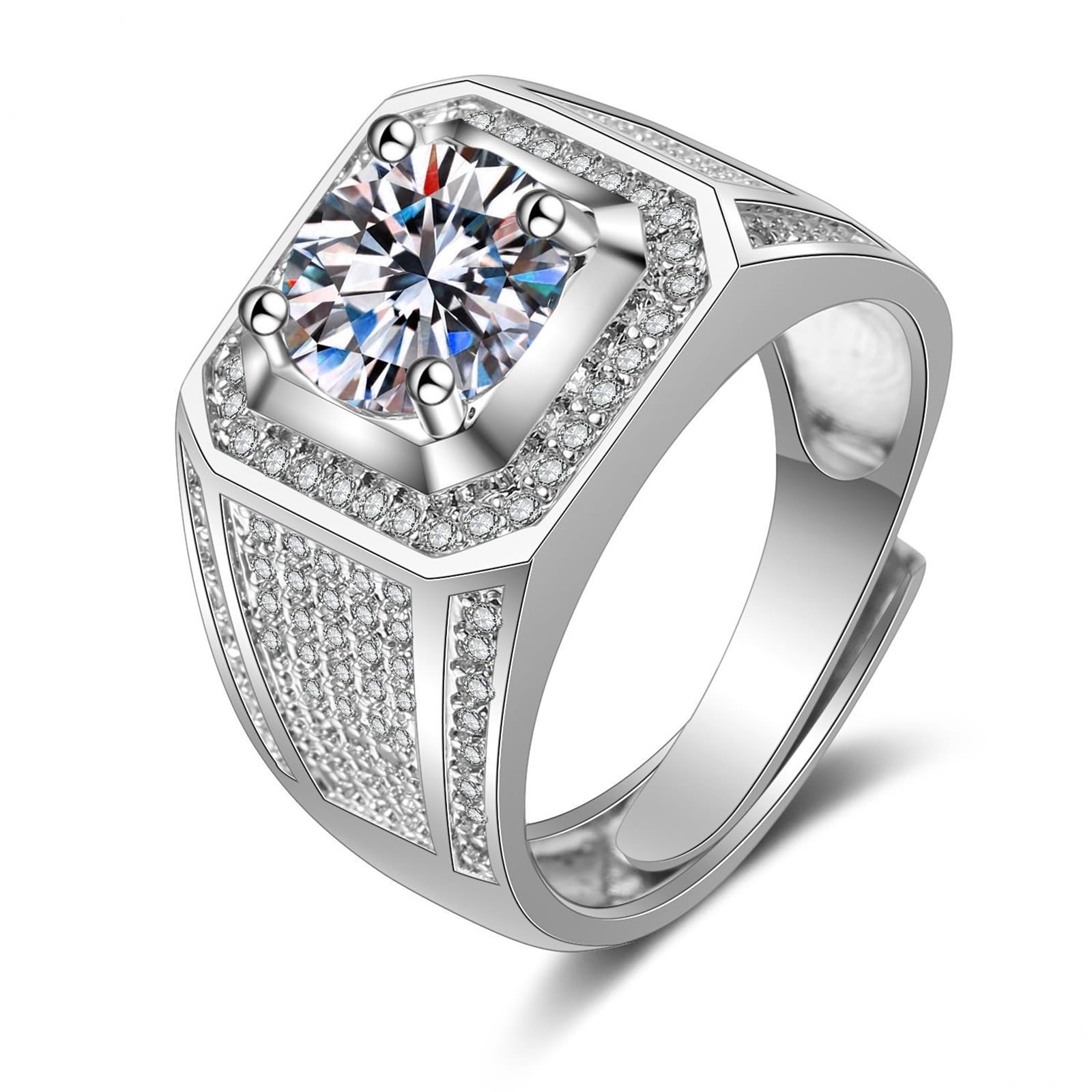 Wycian Anillo para hombre de oro blanco y mujer, plata de ley 9 K, moissanita, banda ancha con cuatro garras, tamaño 54 (17,2), moderno para madre Acción de Gracias personalizado