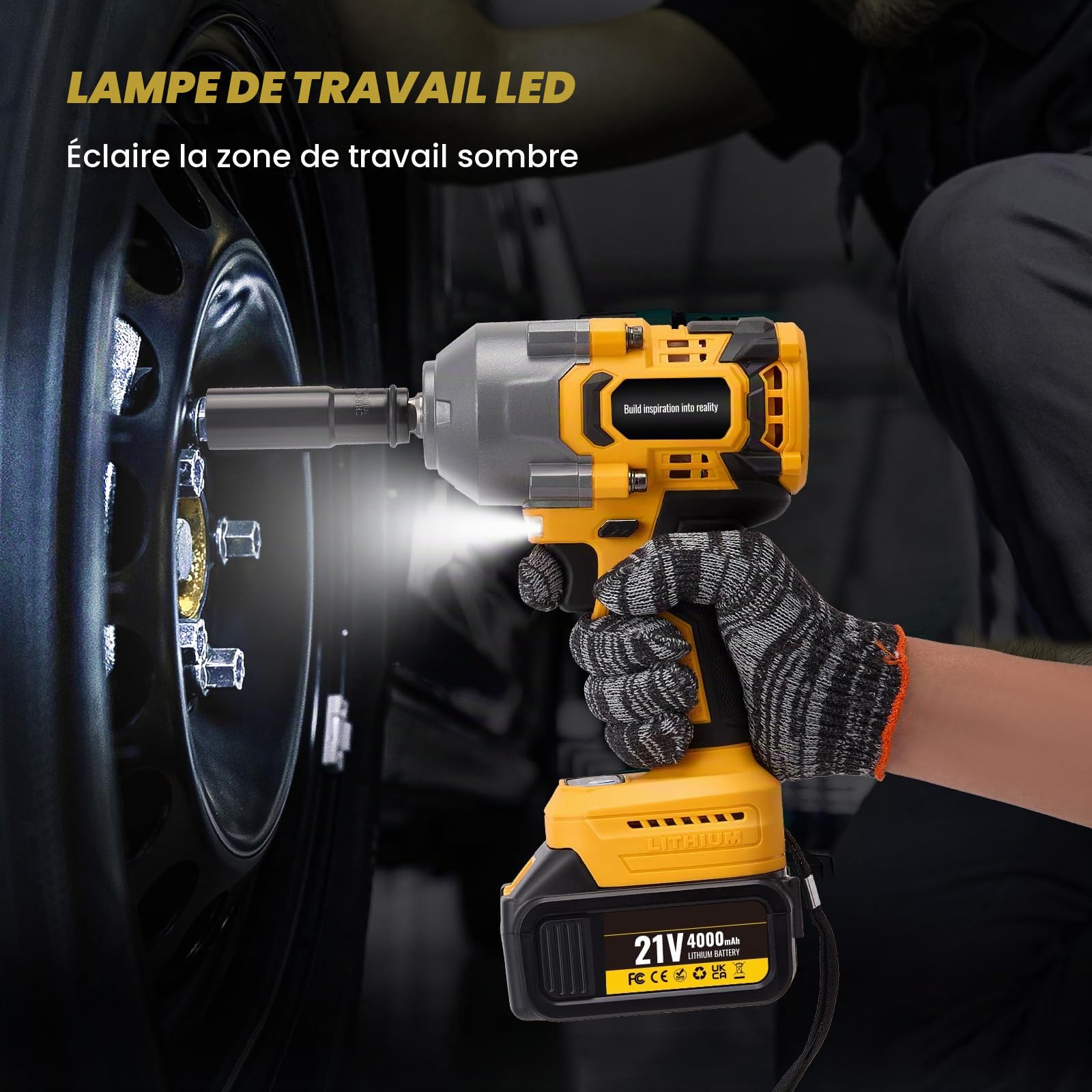 1200NM 1/2'' Clé à Chocs Sans fil brushless avec 2x 4.0 Ah Batteries 21V 3000RPM visseuse a choc 3 vitesses réglables clé à chocs à couple élevé electrique pour voiture, DIY, car/tondeuse..