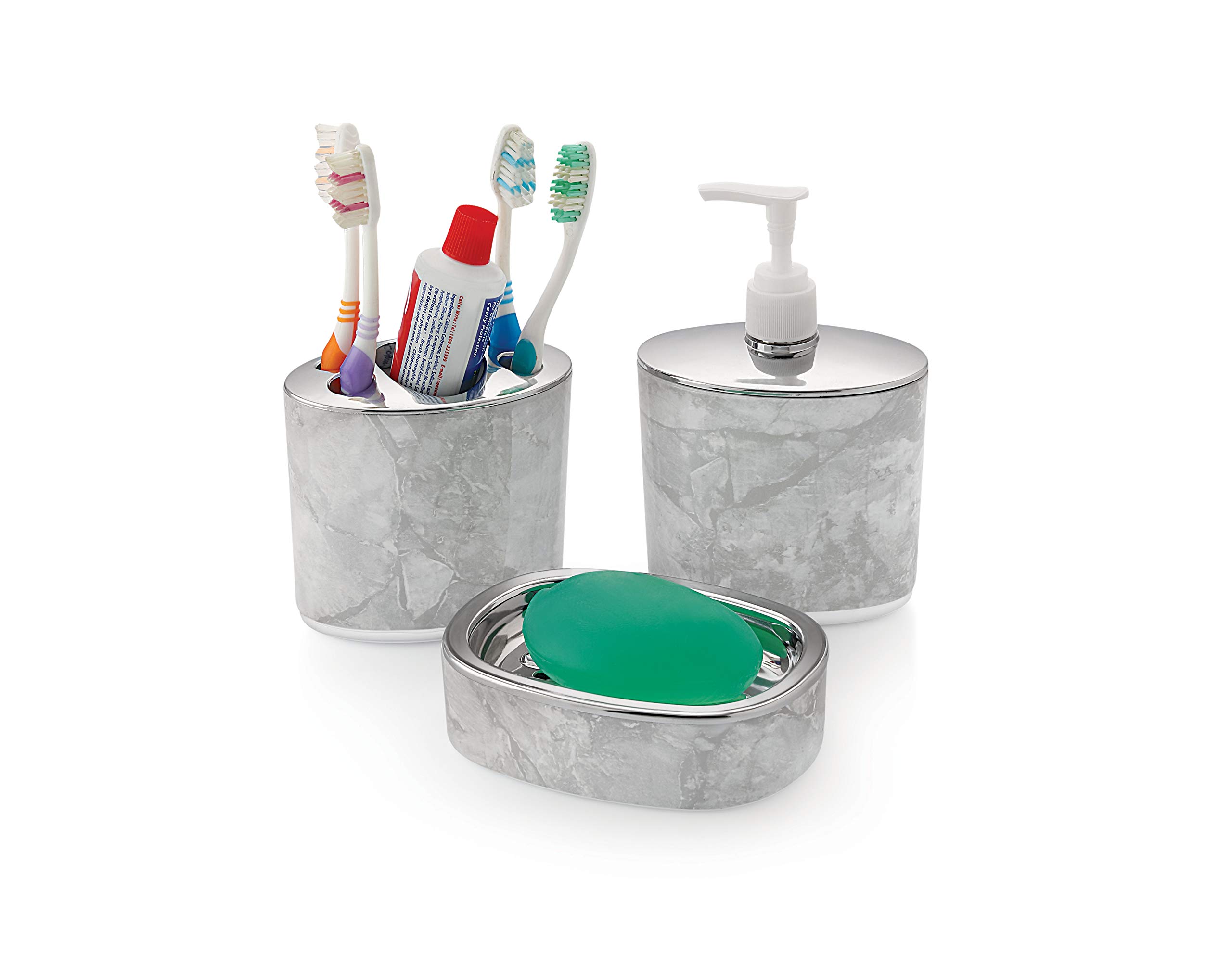 Liza Bathroom Assesories Set Toothbrush Holder Soap Dish Soap Dispenser (Set of 3, Grey, Opal)