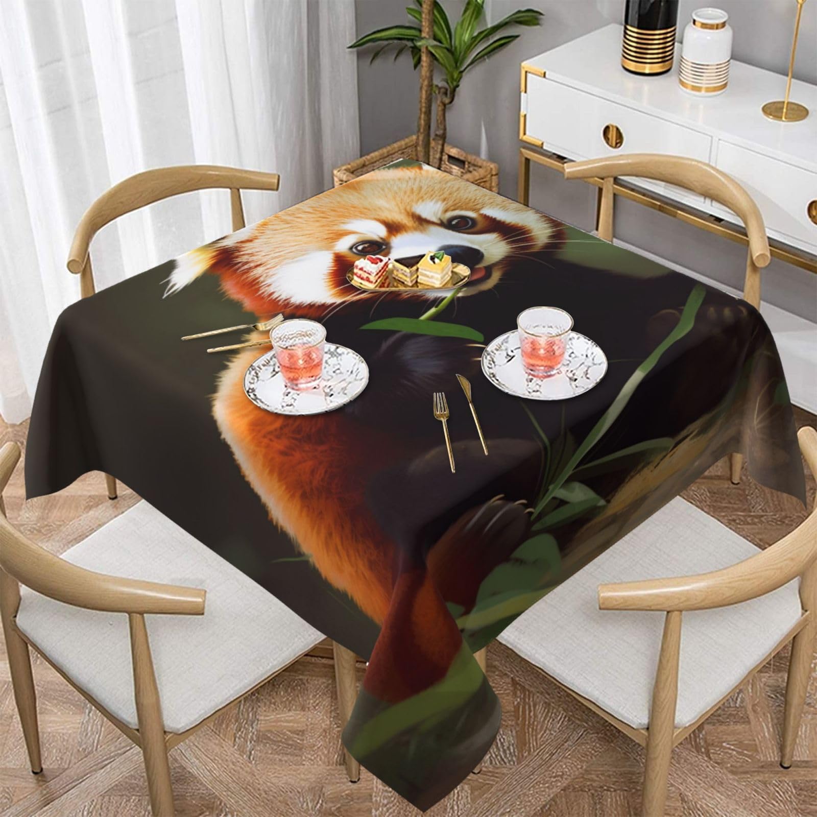 WPKJU Little Red Panda Printed Square Tablecloth 60x60 inch Water Resistant Table Cover Washable Rectangle Table Cloth for Dining Tables