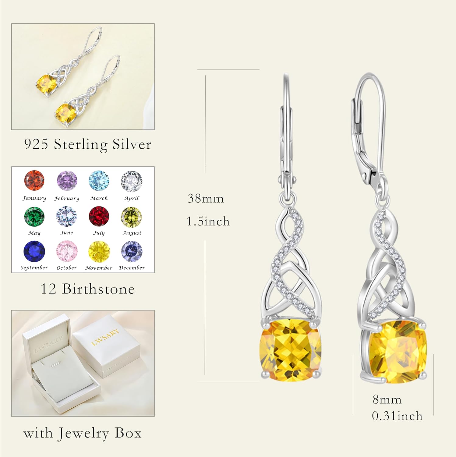 Infinity Celtic Knot Dangle Drop Earrings 925 Sterling Silver Princess Cut Leverback Earrings with Birthstone Irish Jewelry Gifts for Women - Image 6