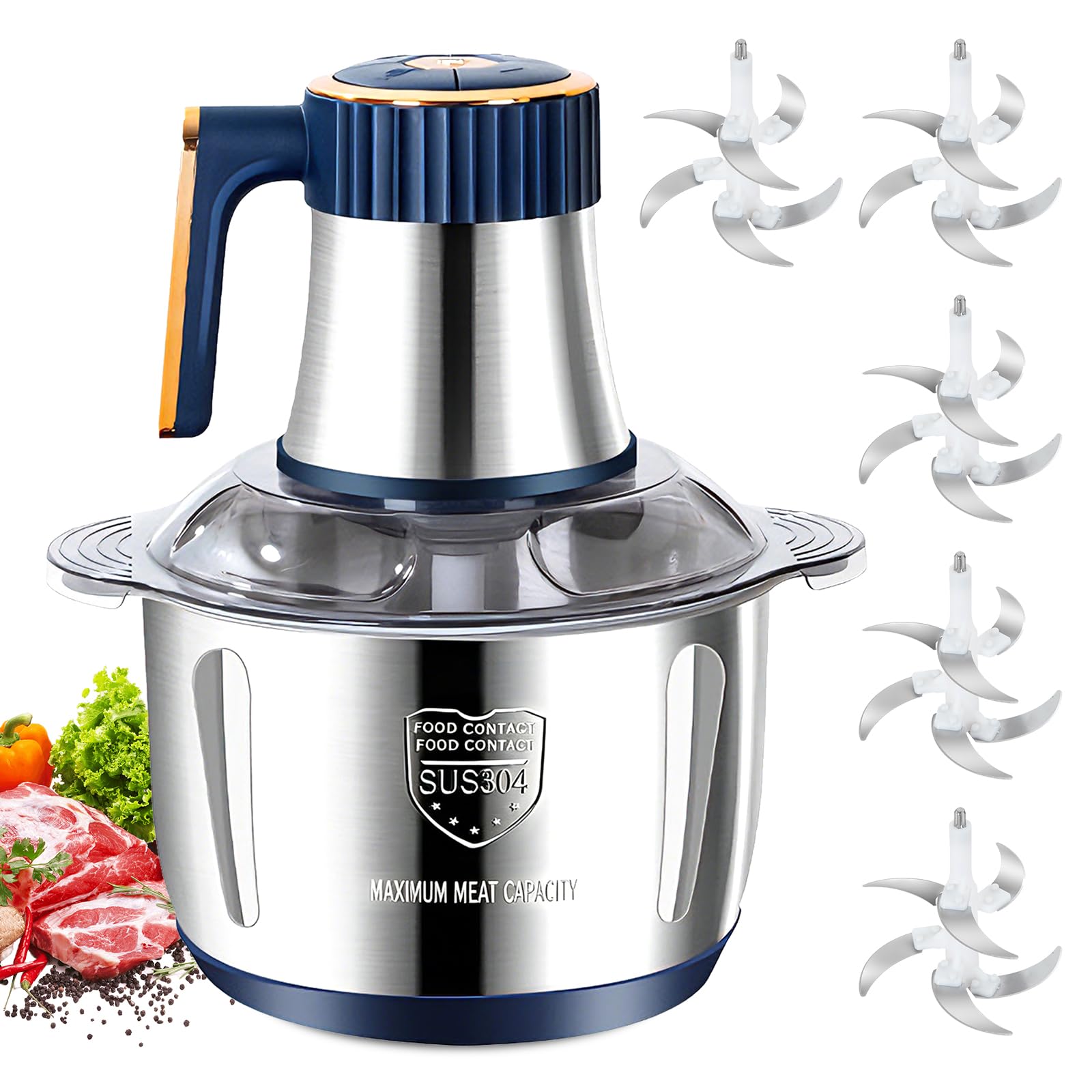 Tritatutto Elettrico 5L - Frullatore Tritacarne Elettrico con Ciotola in Acciaio Inossidabile, 5 Velocità e 6 Lame in Acciaio con 5 Set di Lame per Carne, Verdure e Frutta
