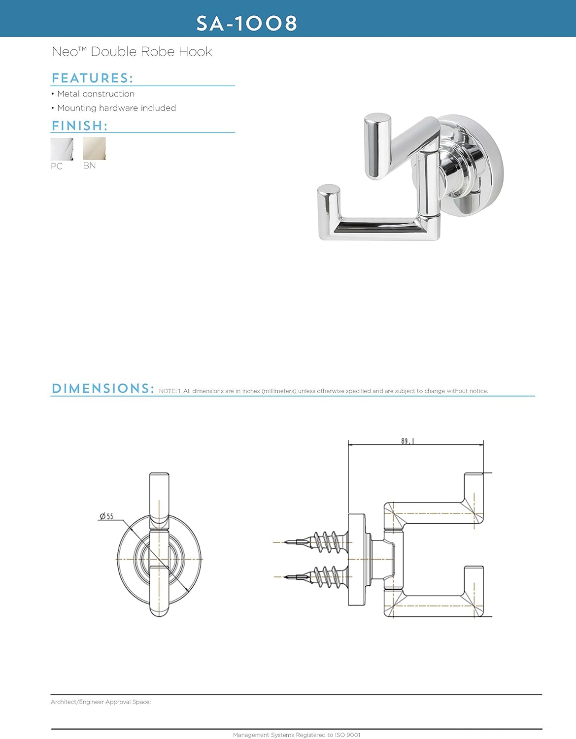 Speakman SA-1008-BN Neo Double Robe Hook for Modern Designed Bathroom Décor, Brushed Nickel