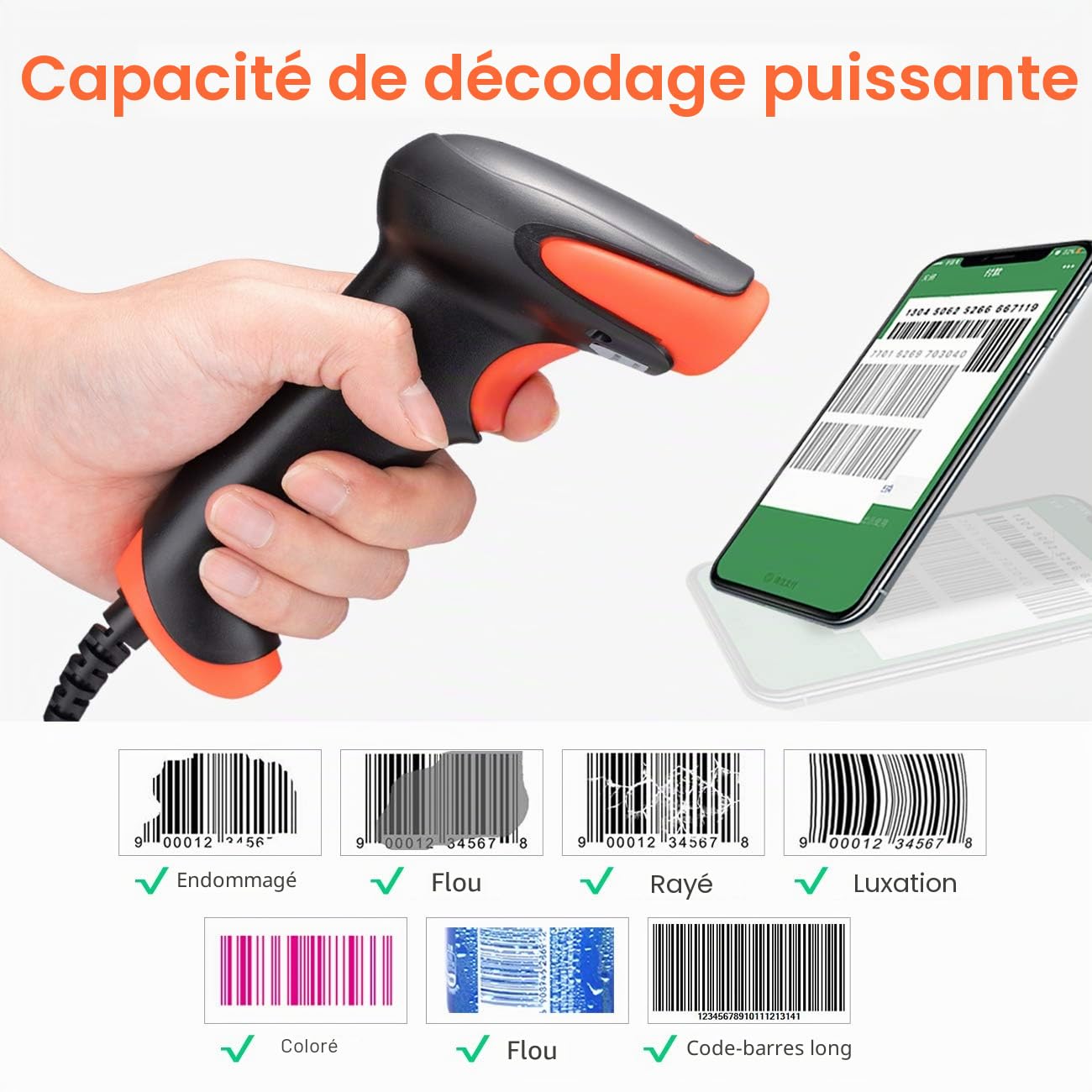 Tera Lecteur Filaire de Codes Barres 1500 Pixel CCD USB Douchette Scanner de Codes Barres Linéaire 1D Scan Rapide et Précis pour Code sur Ecran Digital, Modèle 1500C