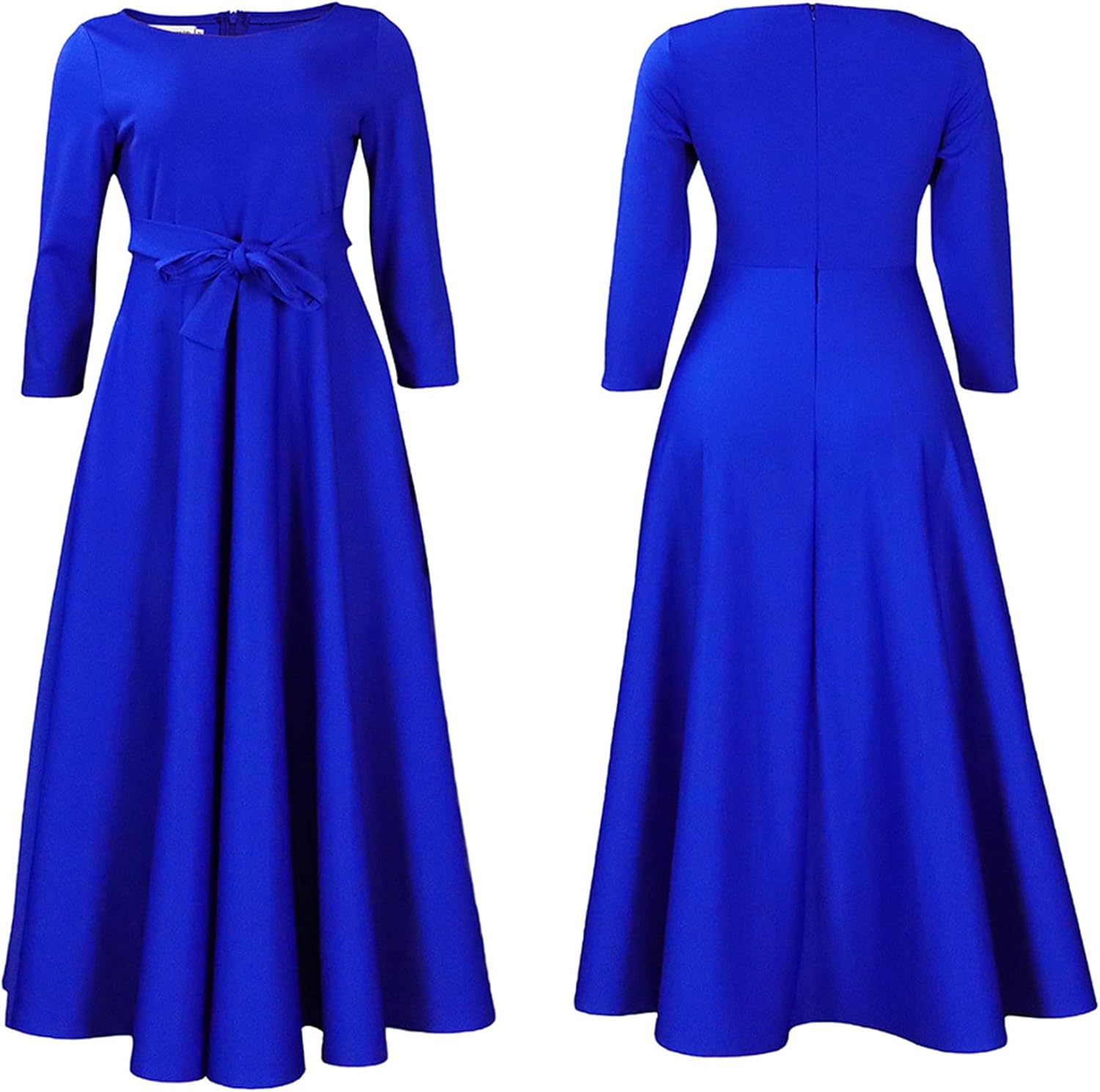 2025 Summer Plus Size Maxi Dress for Women Casual Solid Color 3/4 Sleeve High Waist Flowy Ruffle Dress with Belt, Blue, 5XL - Image 5