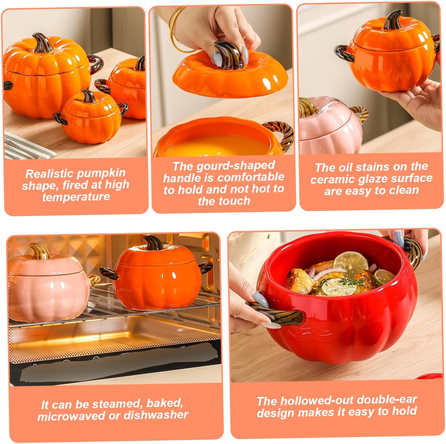 Pumpkin Dutch Oven Pot with Lid & Handle, 1.7L Non-Stick Ceramic Pumpkin Dutch Oven, Even Heating Kitchen Pot for Stew Soup