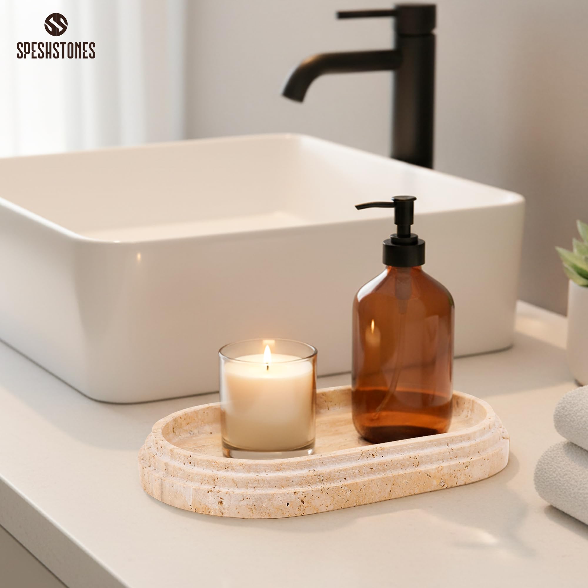 SPESHSTONES Vassoio in travertino da 24 cm, in marmo fatto a mano, per accessori da bagno, vassoi decorativi per tavolino da caffè e portacandele, vassoio per gioielli, organizer per profumi per